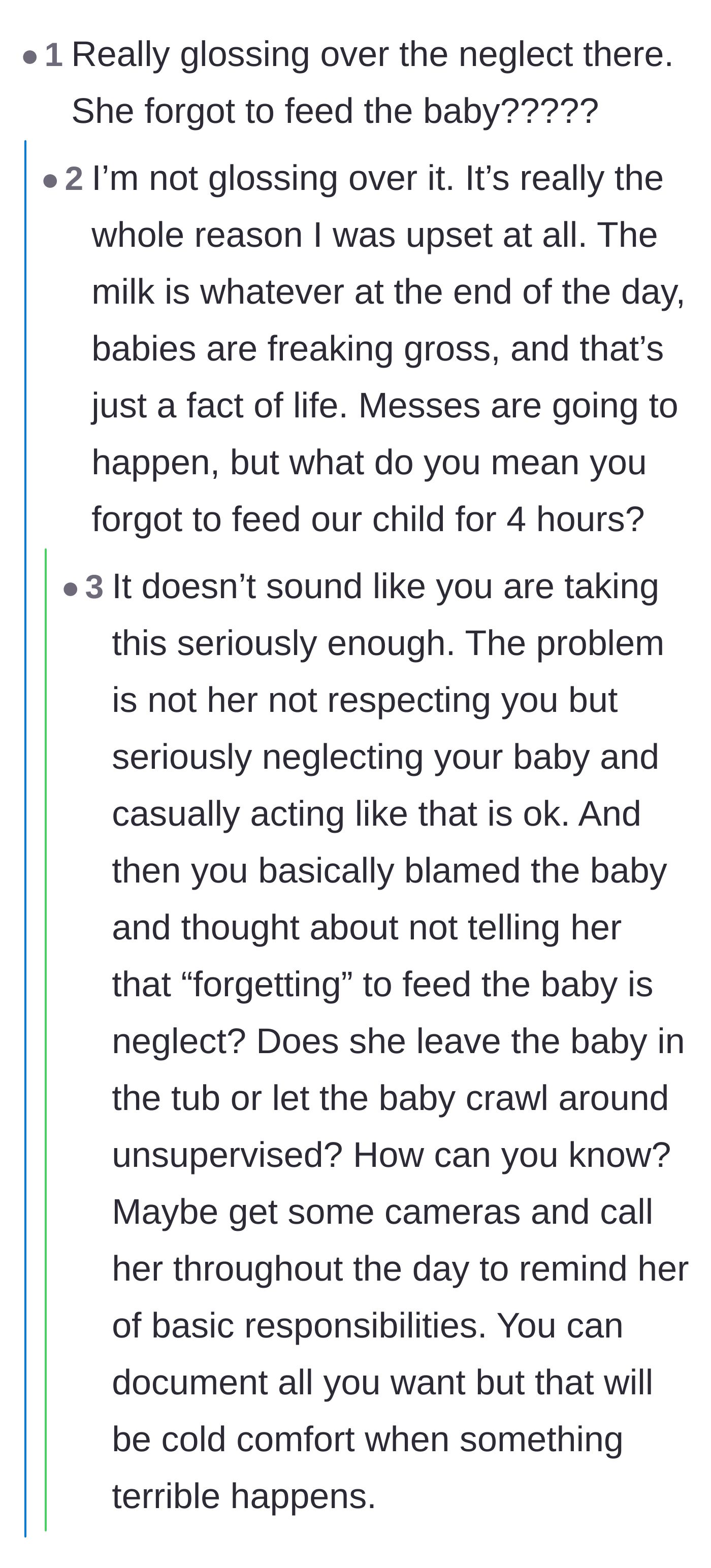 Comment thread 5 - A harsh wake-up call from a reader emphasizing that documenting neglect isn't enough to physically protect the baby