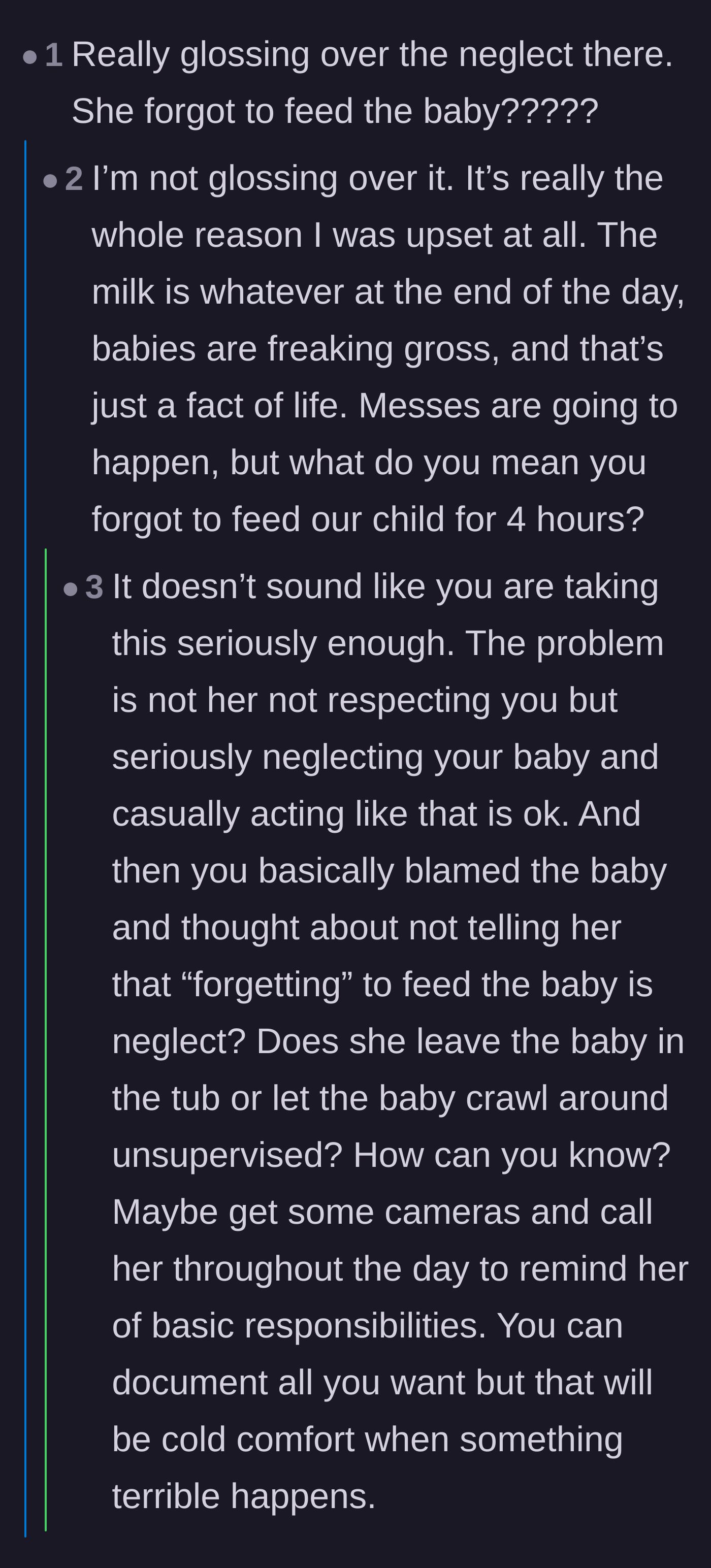Comment thread 5 - A harsh wake-up call from a reader emphasizing that documenting neglect isn't enough to physically protect the baby