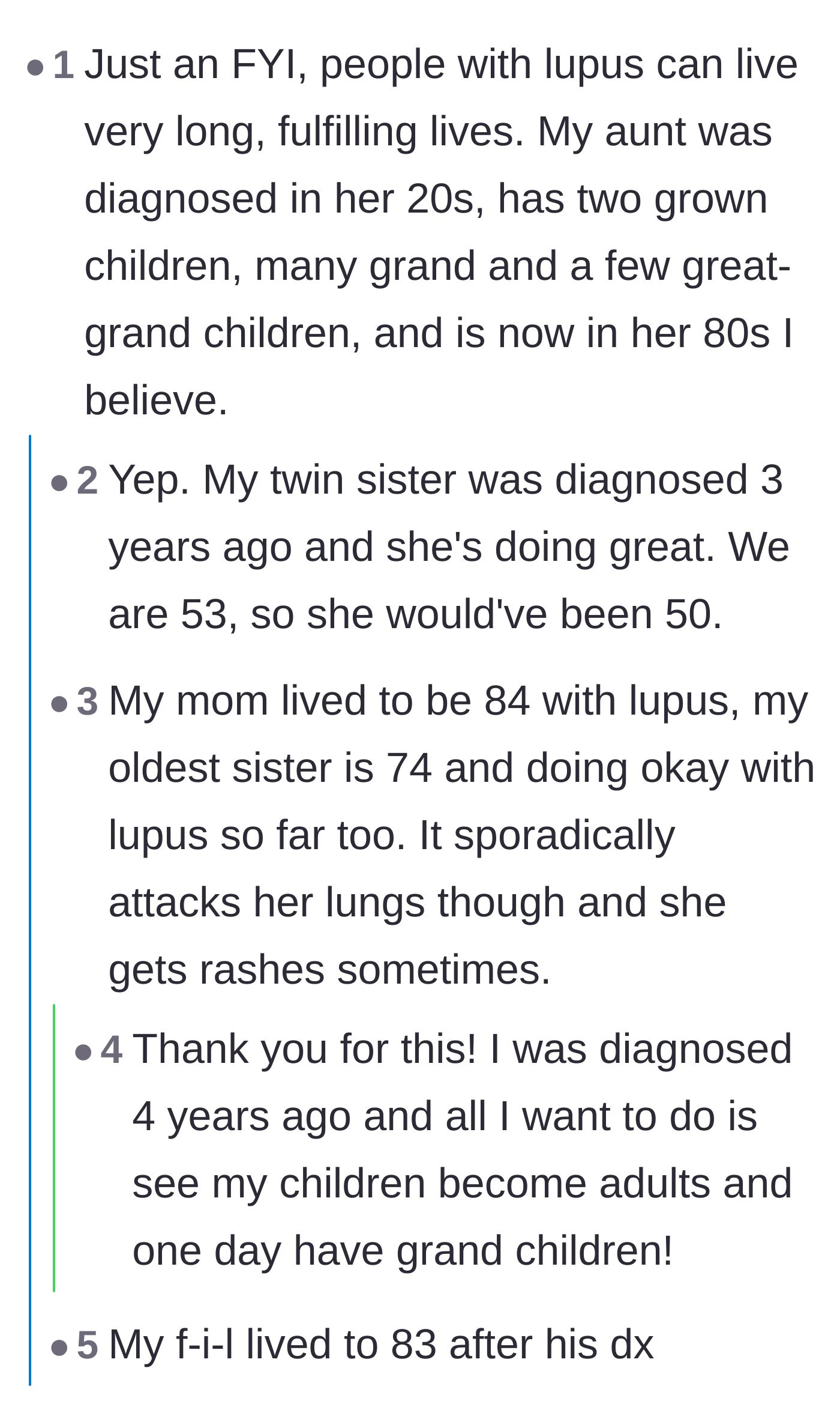 Comment thread 3 - Users sharing hopeful and supportive anecdotes about family members living long lives with lupus.