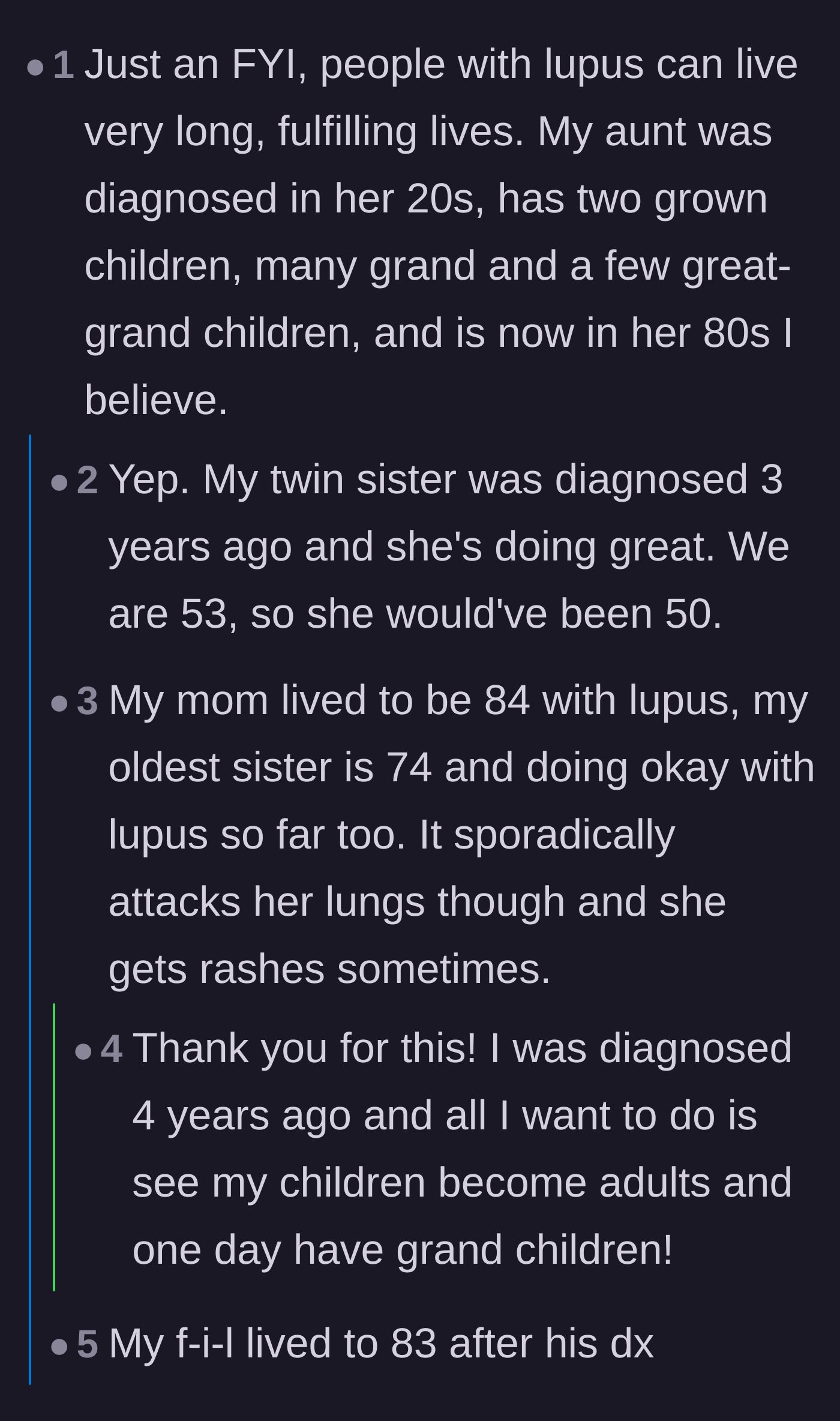 Comment thread 3 - Users sharing hopeful and supportive anecdotes about family members living long lives with lupus.