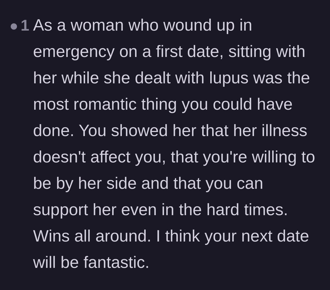 Comment thread 4 - High praise for the father's surprisingly romantic and steadfast support at the hospital.