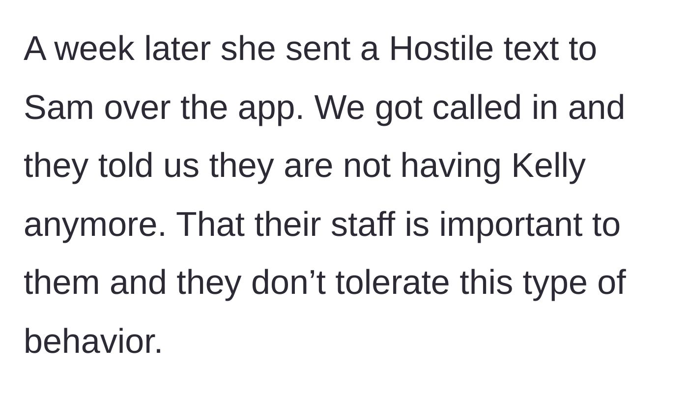 Story part 4 - The wife sends a hostile text to Sam, resulting in the daycare terminating the family's enrollment.