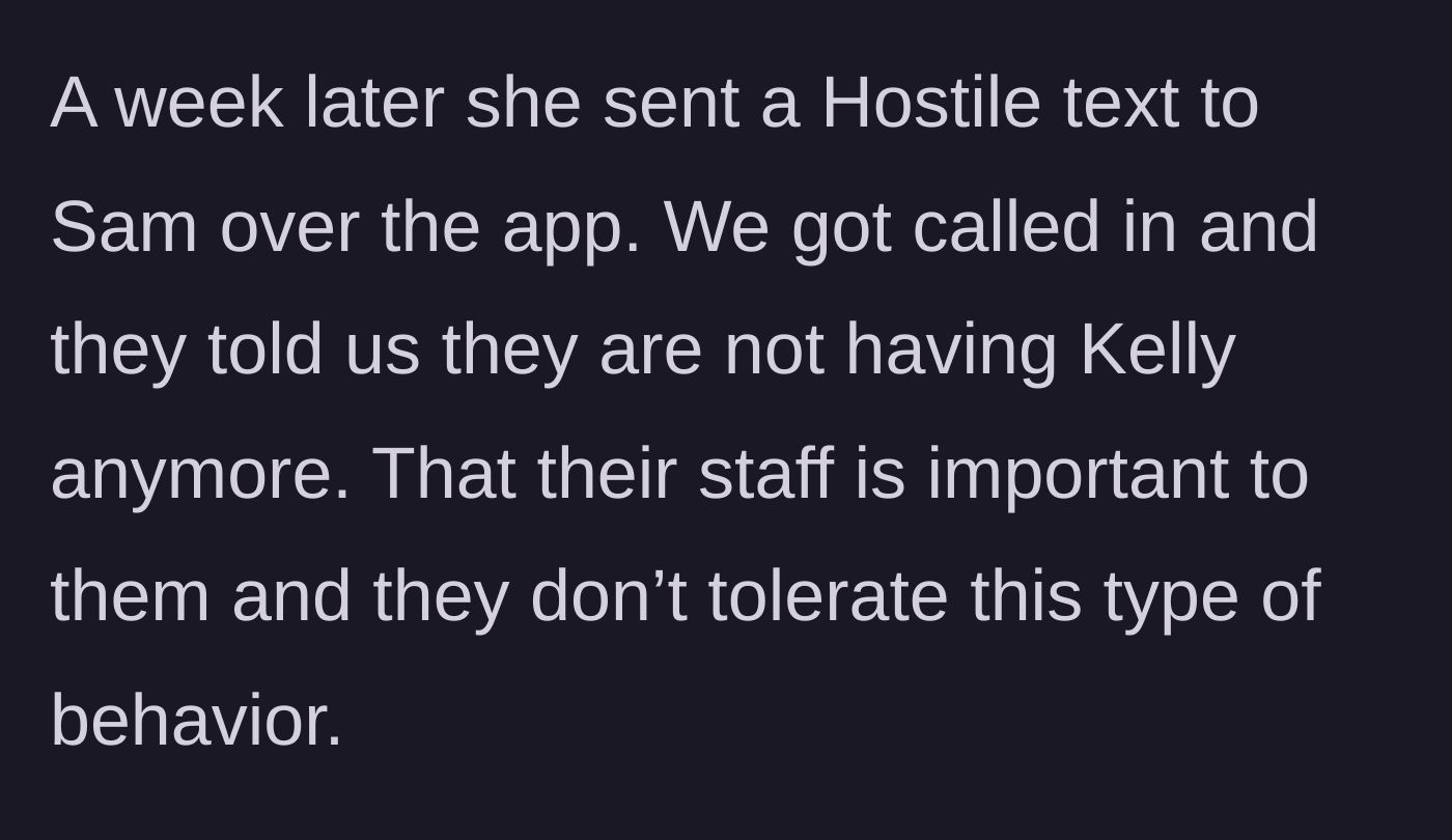 Story part 4 - The wife sends a hostile text to Sam, resulting in the daycare terminating the family's enrollment.