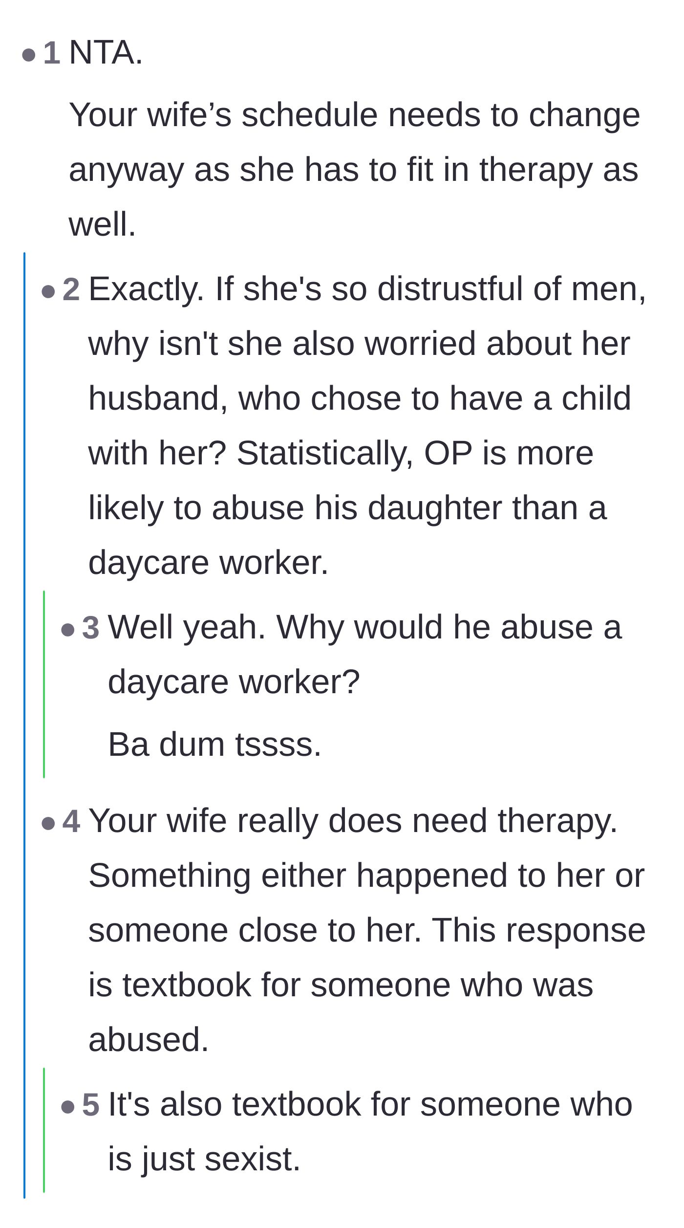 Comment thread 1 - Readers dissect the wife's blatant sexism and discuss the unfair stigma male childcare workers face.