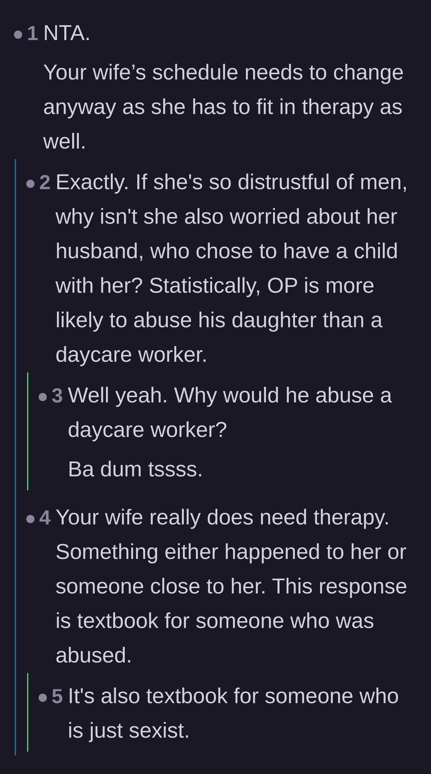 Comment thread 1 - Readers dissect the wife's blatant sexism and discuss the unfair stigma male childcare workers face.