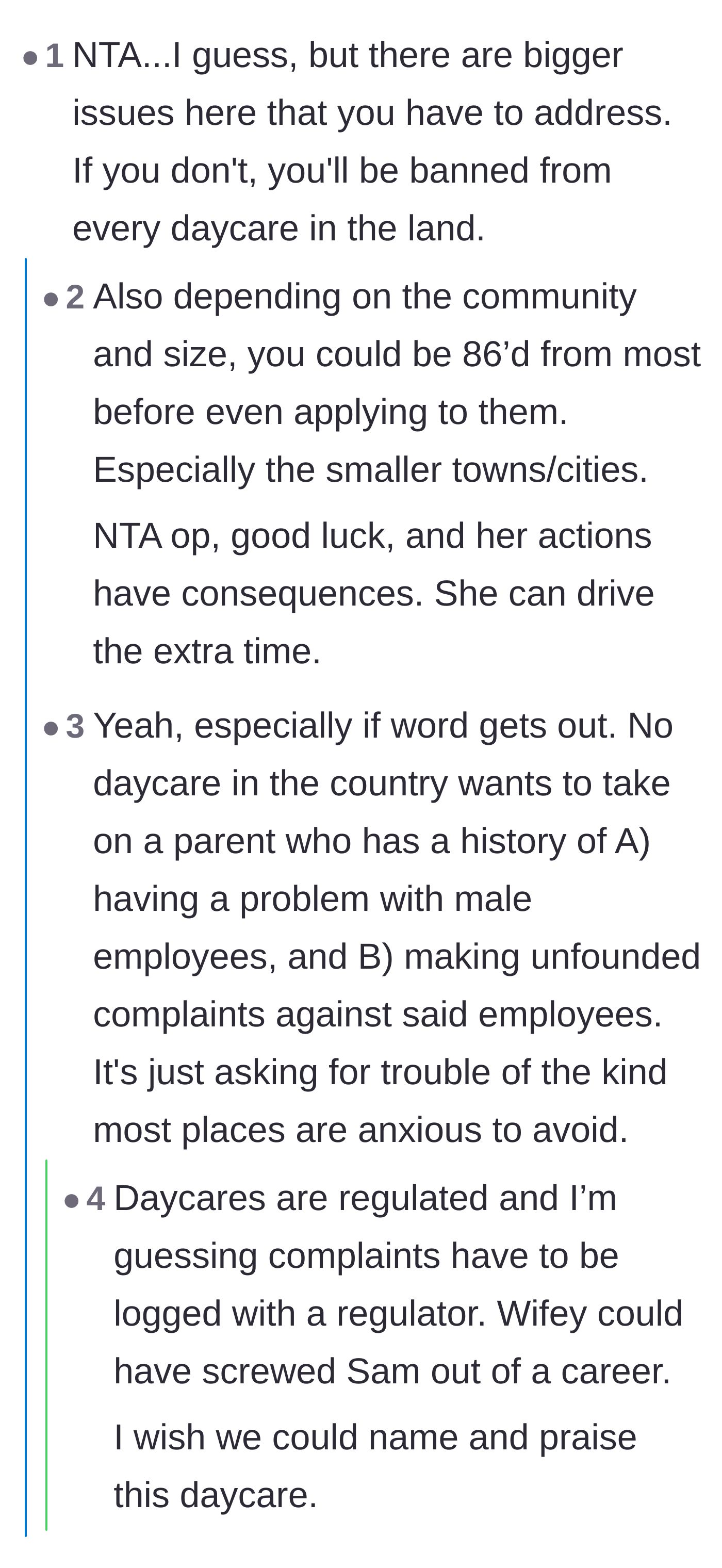 Comment thread 4 - Warnings that the family might face a broader blacklist from local daycares due to the wife's reputation.