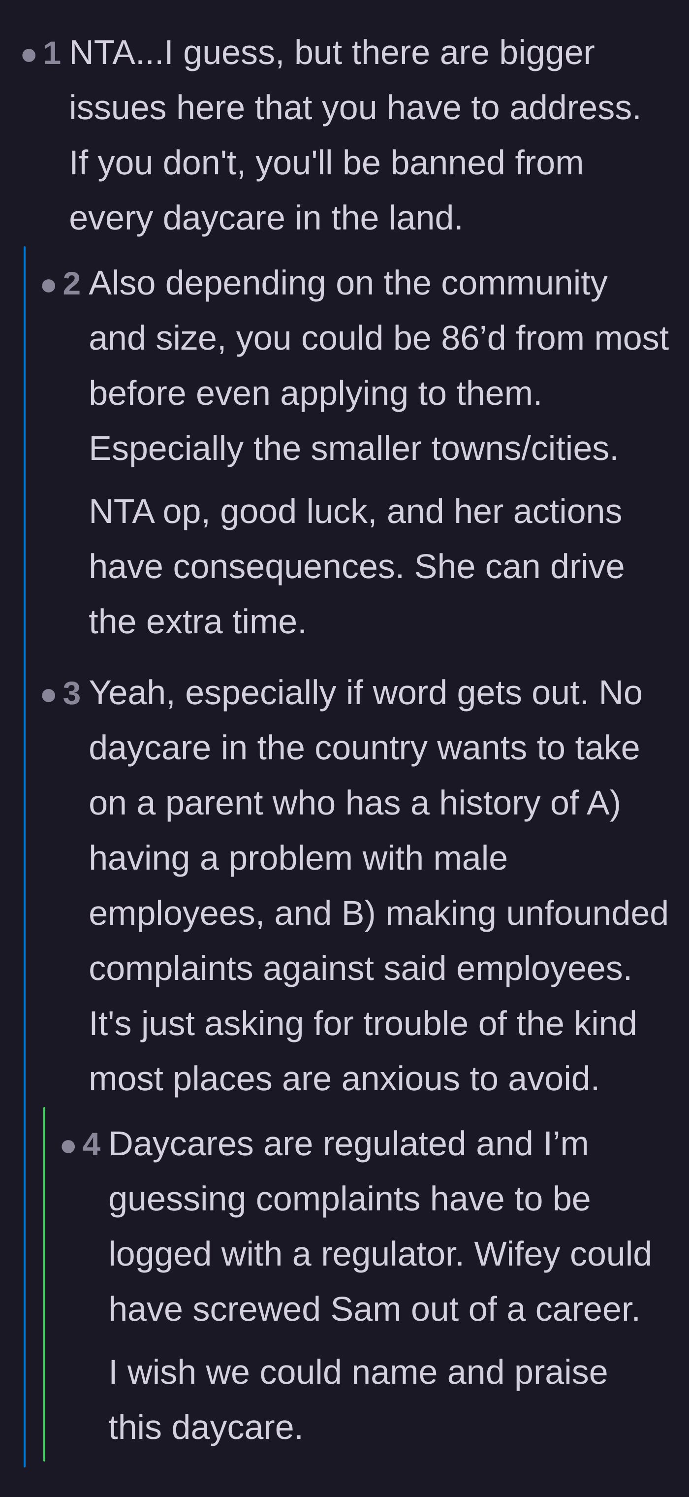 Comment thread 4 - Warnings that the family might face a broader blacklist from local daycares due to the wife's reputation.