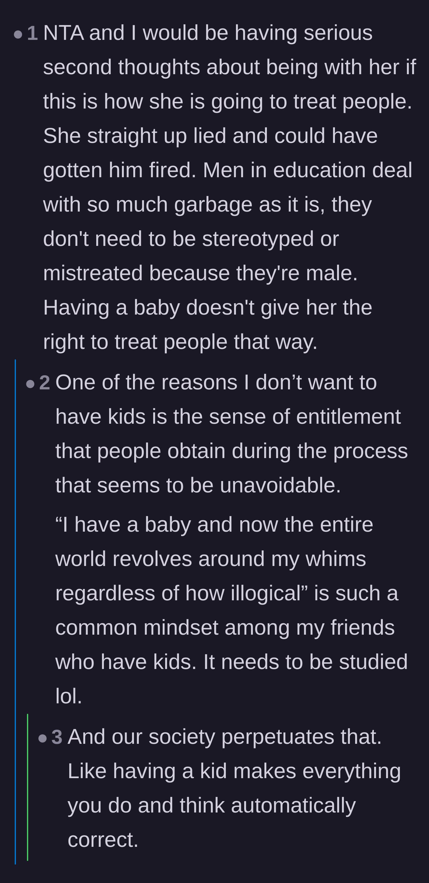 Comment thread 6 - Criticism of the cultural entitlement that allows new parents to believe the world revolves around their illogical whims.