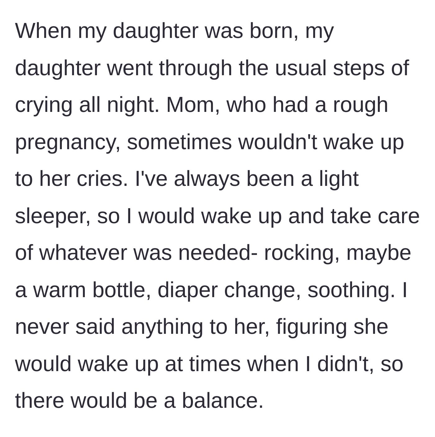 Story part 1 - A baby sleeping quietly in a crib while an exhausted father rocks her in the dim light of a nursery.
