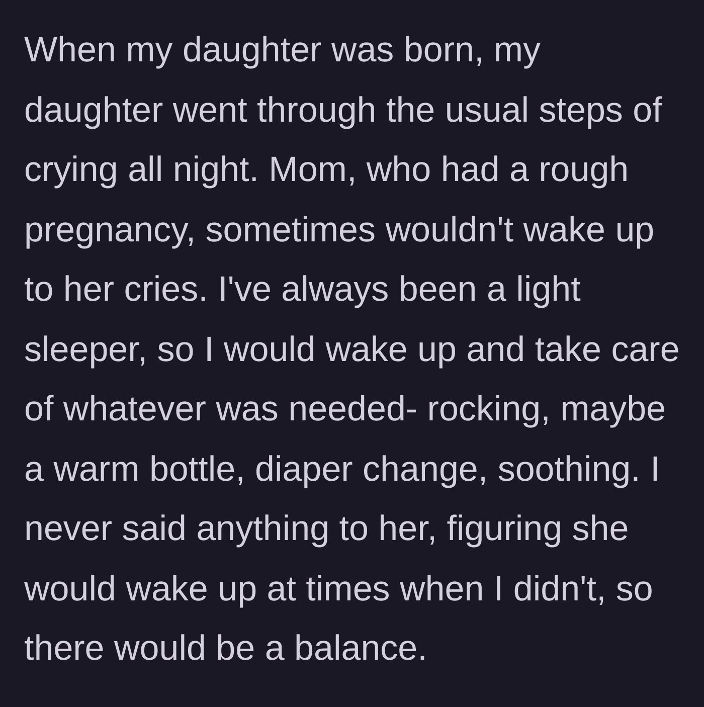 Story part 1 - A baby sleeping quietly in a crib while an exhausted father rocks her in the dim light of a nursery.