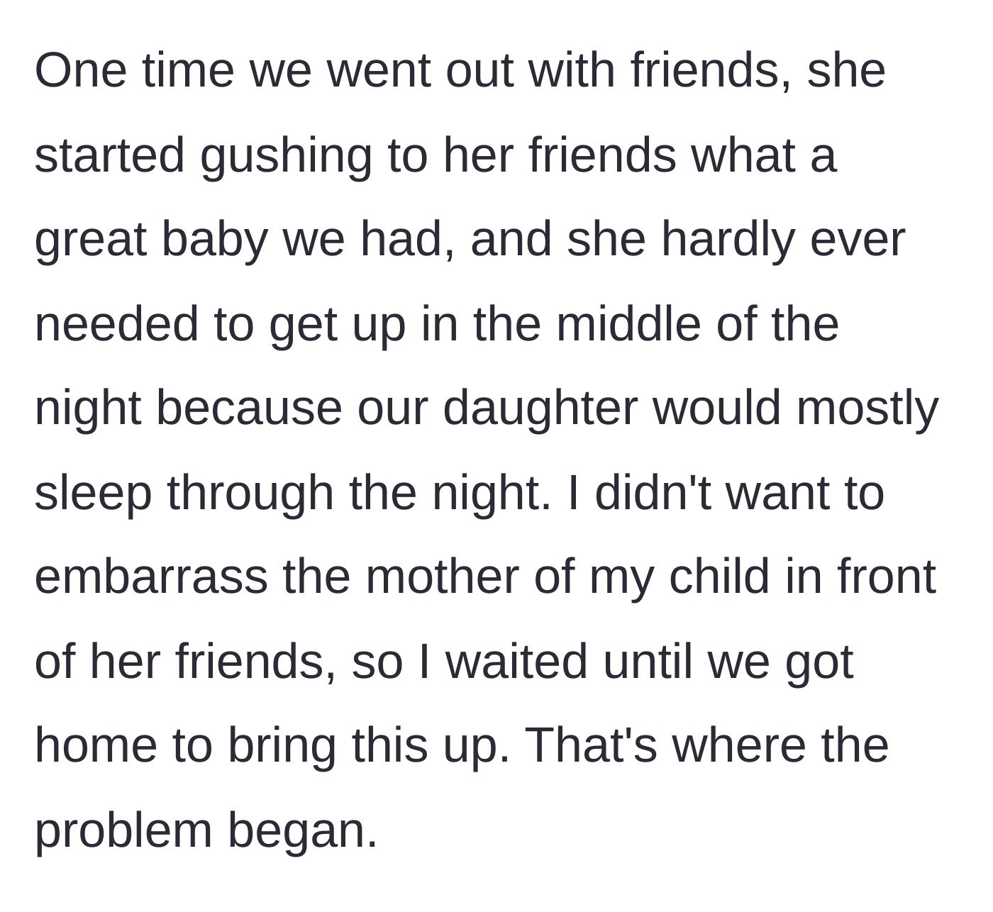 Story part 2 - A couple at a restaurant table with friends, the mother smiling proudly while the father looks slightly uncomfortable.