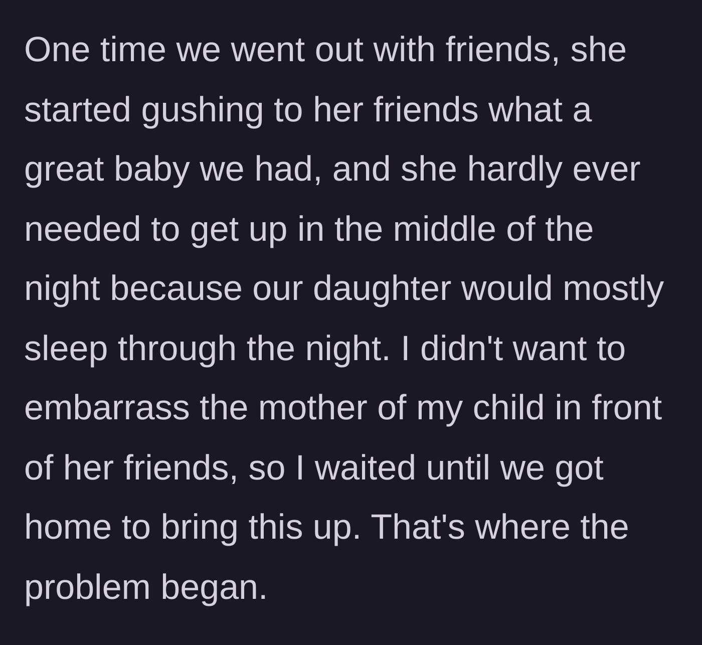 Story part 2 - A couple at a restaurant table with friends, the mother smiling proudly while the father looks slightly uncomfortable.