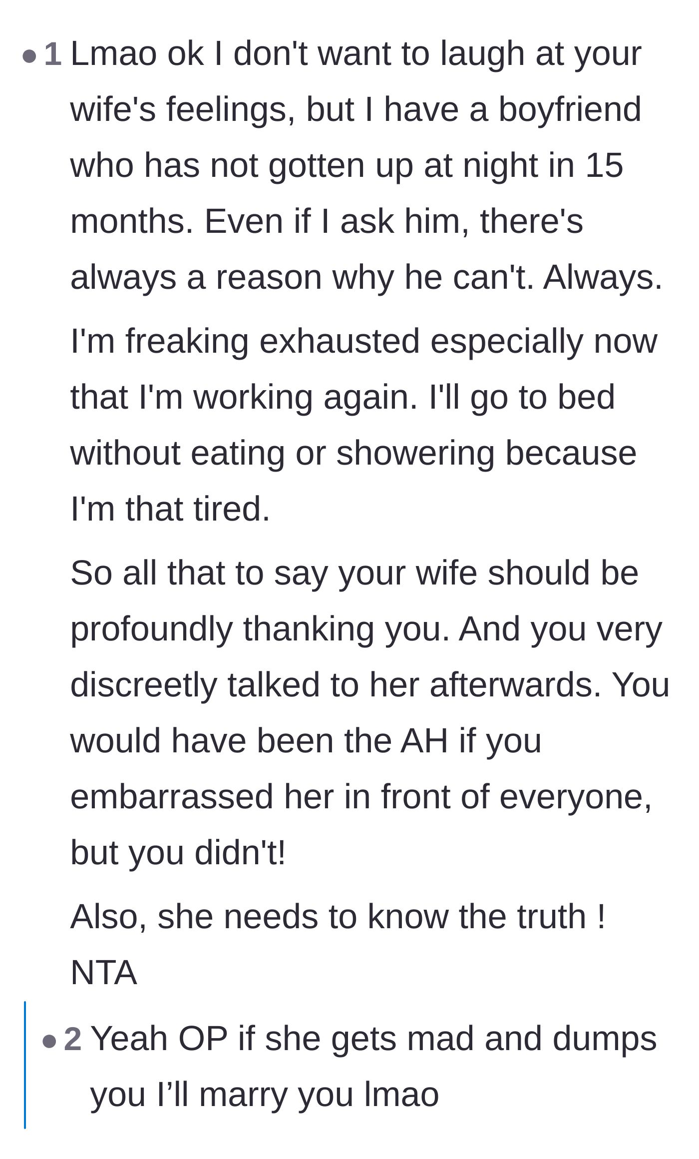 Comment thread 1 - Readers debating whether the mother should be grateful for the help or if her reaction stems from a deep, hormone-driven shock.