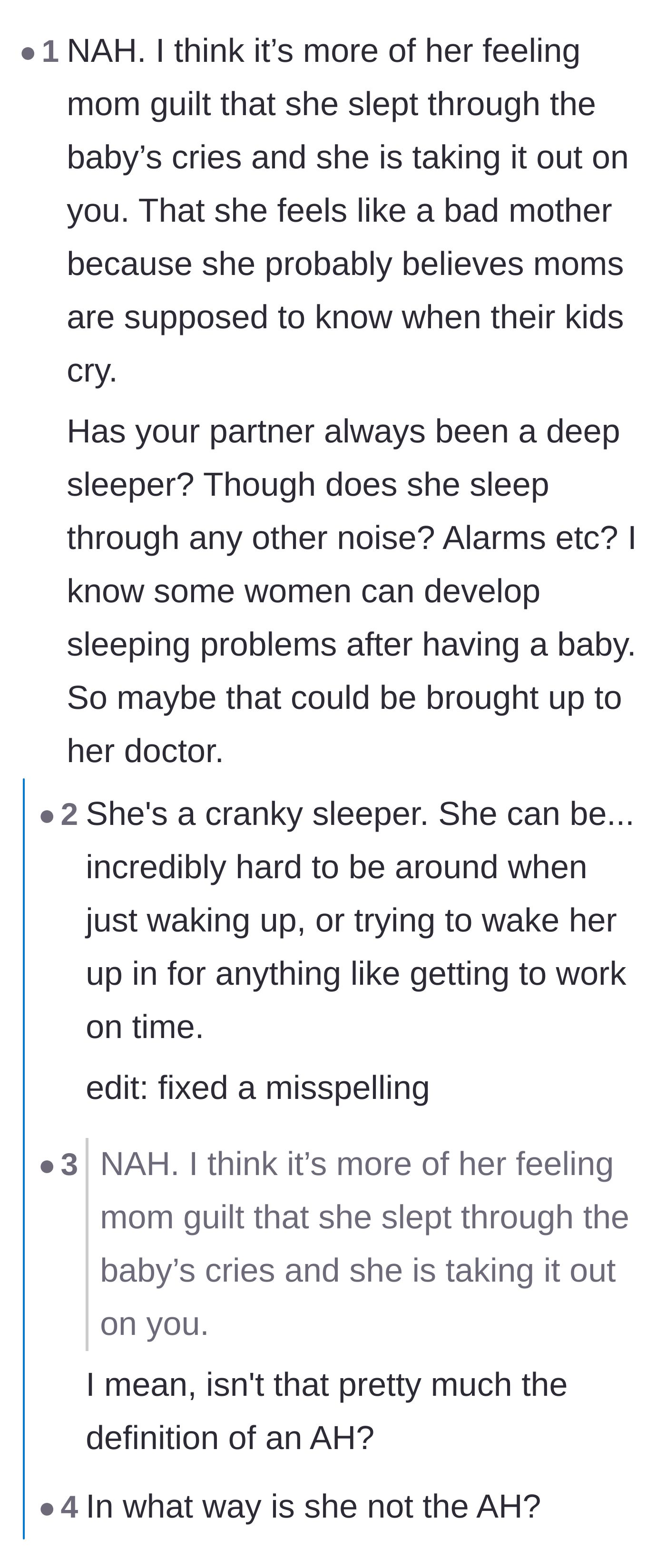 Comment thread 2 - A discussion on whether the mother's deep sleep is a medical issue and if mom guilt excuses her hostile reaction.