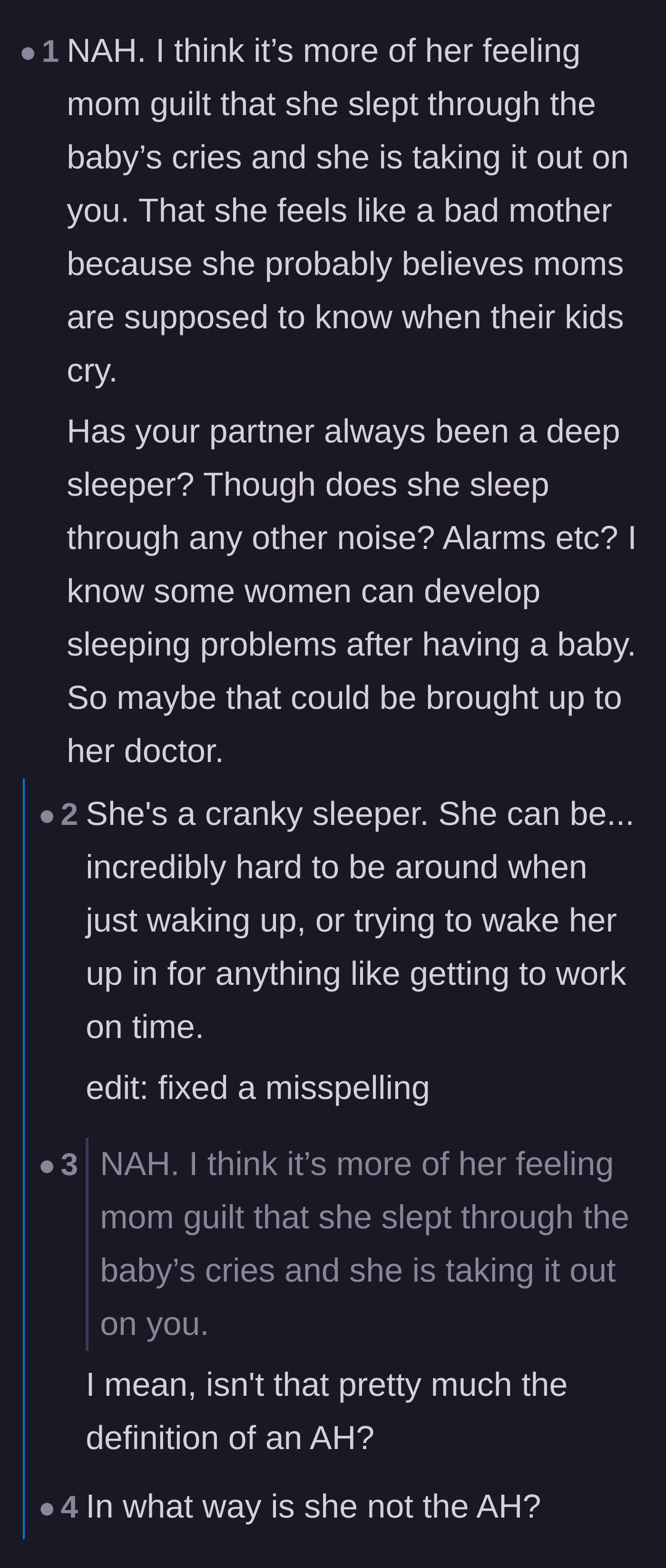 Comment thread 2 - A discussion on whether the mother's deep sleep is a medical issue and if mom guilt excuses her hostile reaction.