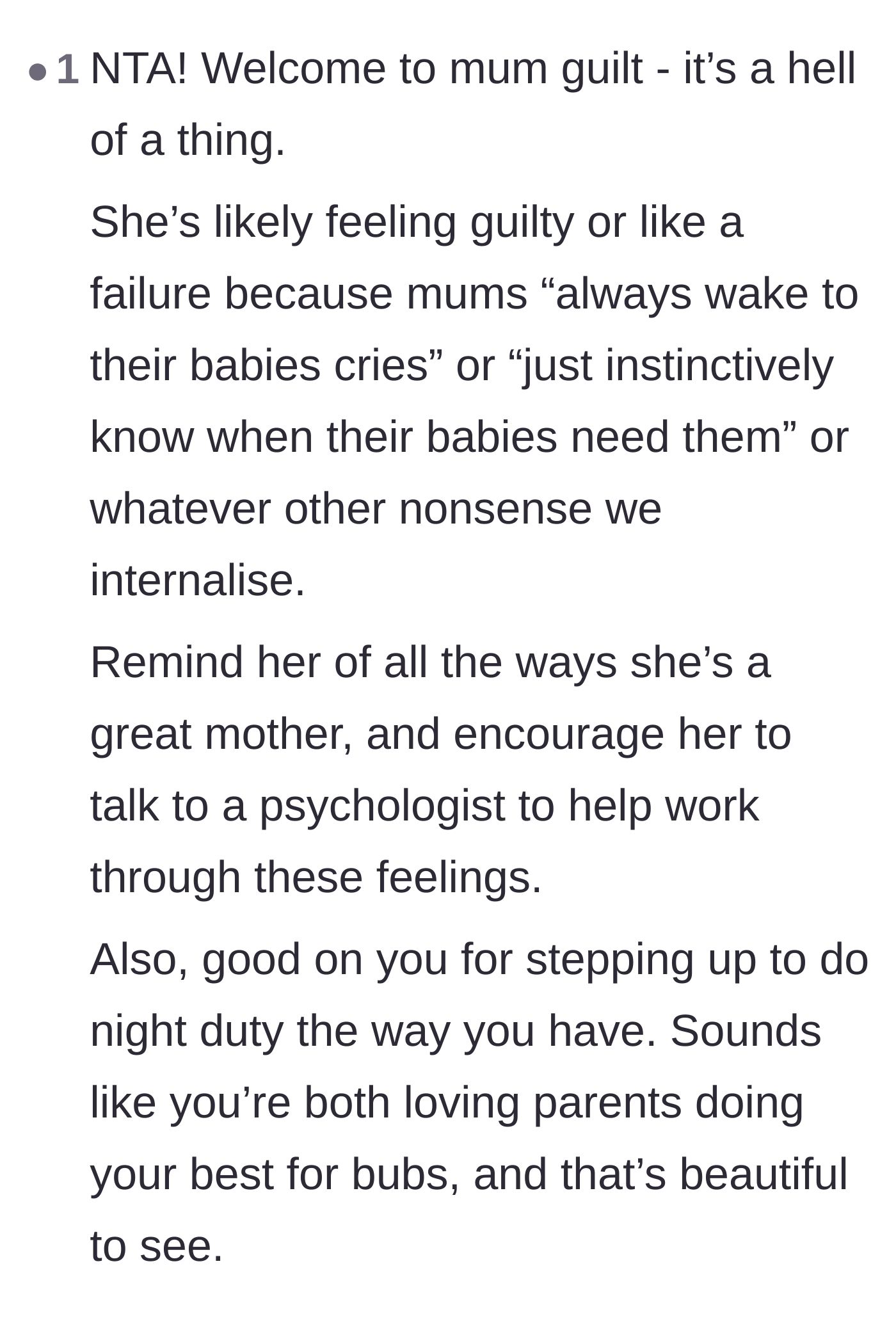 Comment thread 5 - A supportive comment validating the father's actions while gently suggesting the mother needs psychological support for her internalized guilt.