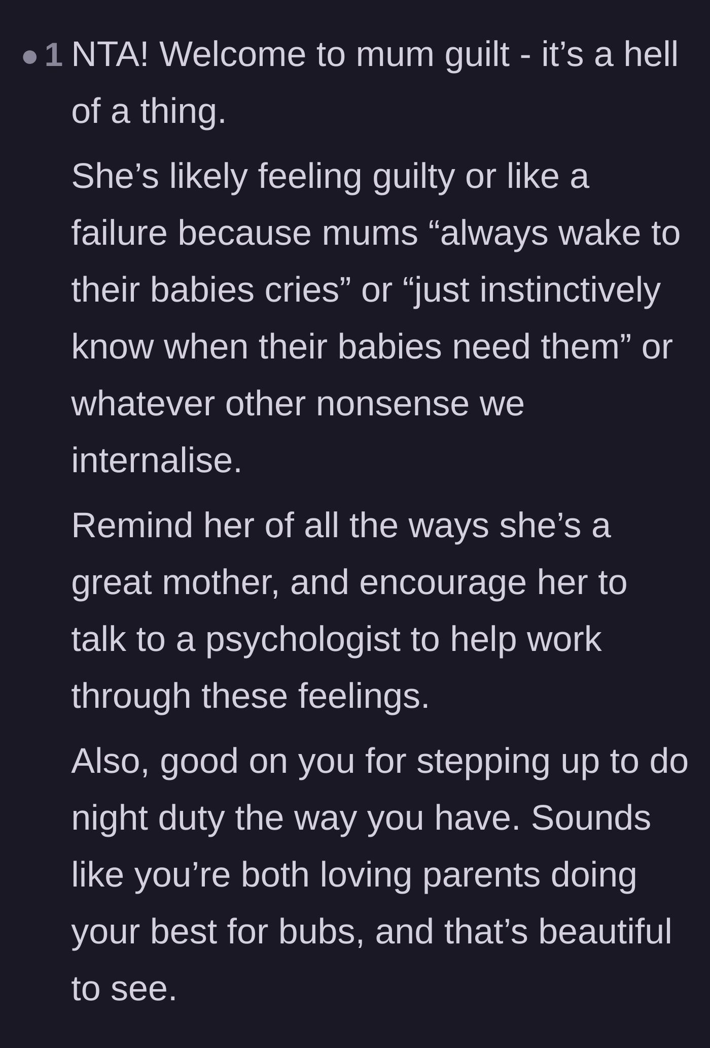 Comment thread 5 - A supportive comment validating the father's actions while gently suggesting the mother needs psychological support for her internalized guilt.