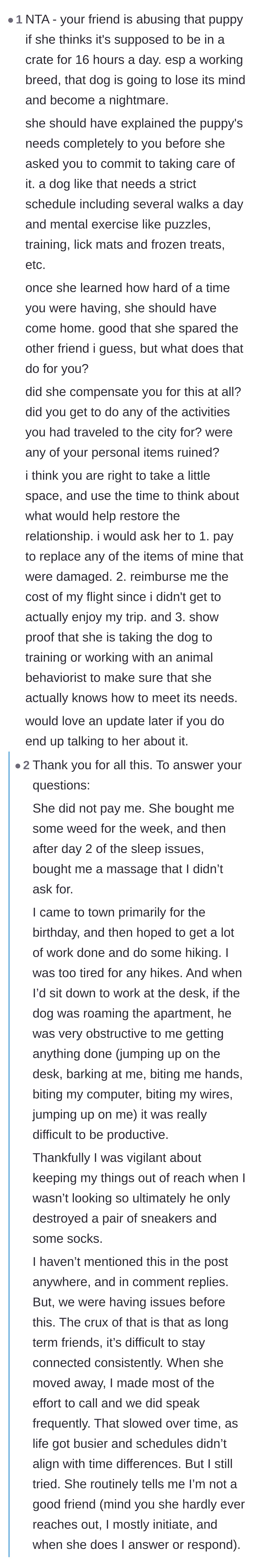 Comment thread 1 - Readers call out the owner's abusive crating schedule and demand the pet sitter be financially compensated for the ruined trip.