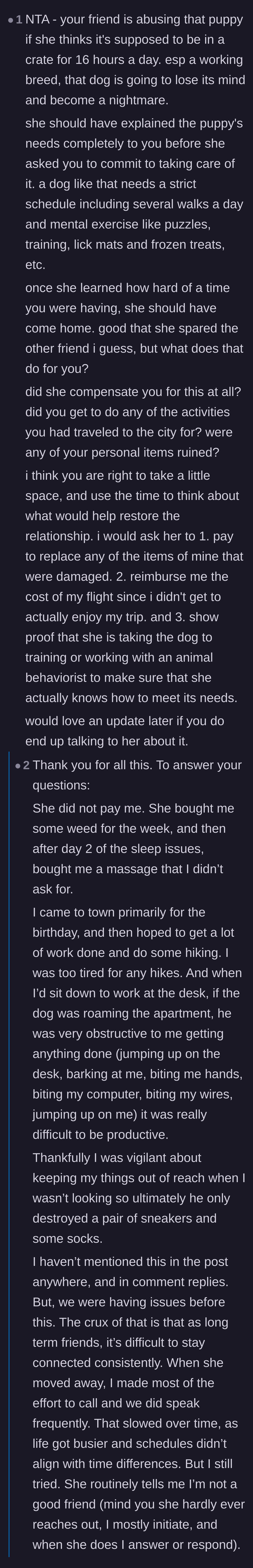 Comment thread 1 - Readers call out the owner's abusive crating schedule and demand the pet sitter be financially compensated for the ruined trip.