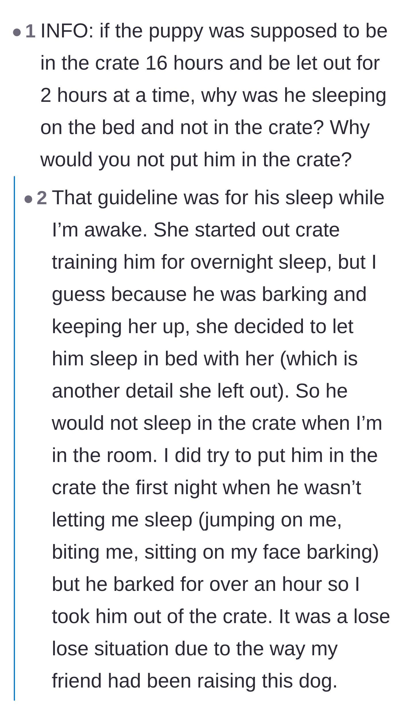 Comment thread 2 - A debate on why the puppy wasn't crated overnight, revealing the owner had already given up on sleep training.