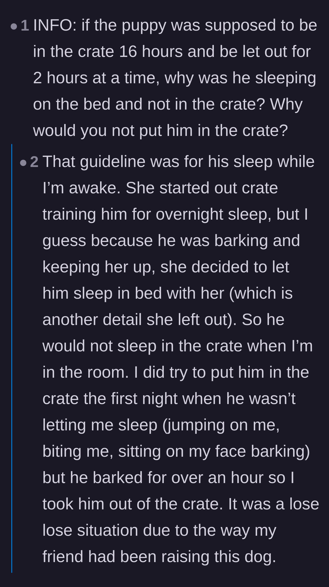 Comment thread 2 - A debate on why the puppy wasn't crated overnight, revealing the owner had already given up on sleep training.