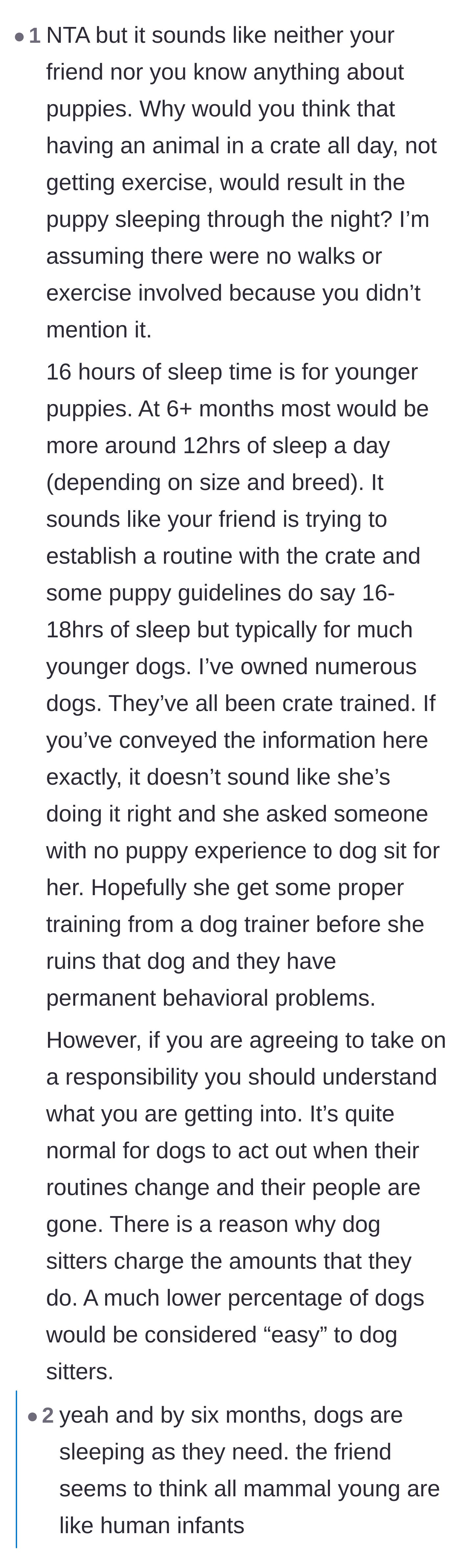 Comment thread 3 - Commenters critique both the owner and the pet sitter for their severe lack of knowledge regarding basic puppy development.