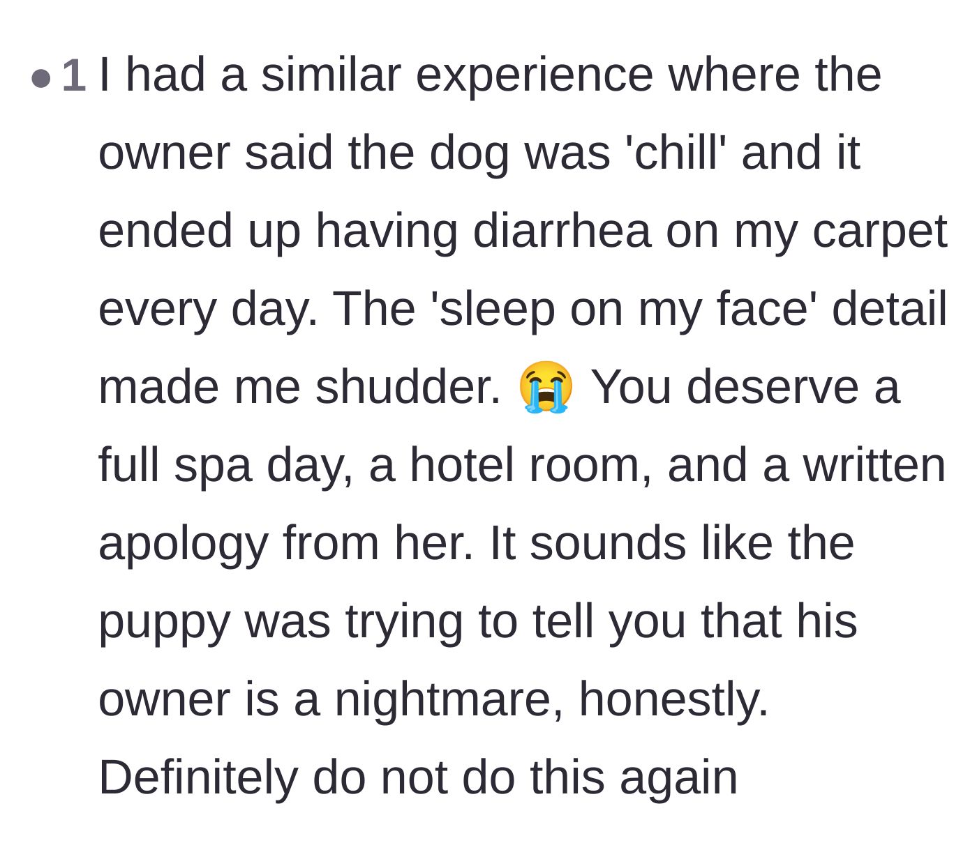 Comment thread 5 - A sympathetic reader shares a similar pet-sitting nightmare and insists the exhausted friend deserves a written apology.