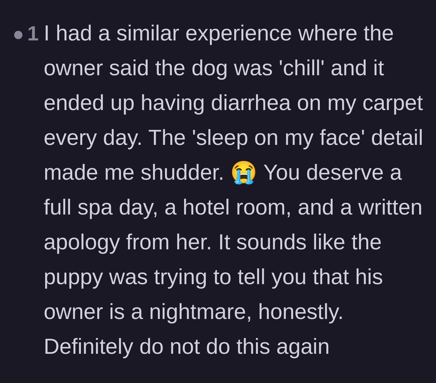 Comment thread 5 - A sympathetic reader shares a similar pet-sitting nightmare and insists the exhausted friend deserves a written apology.