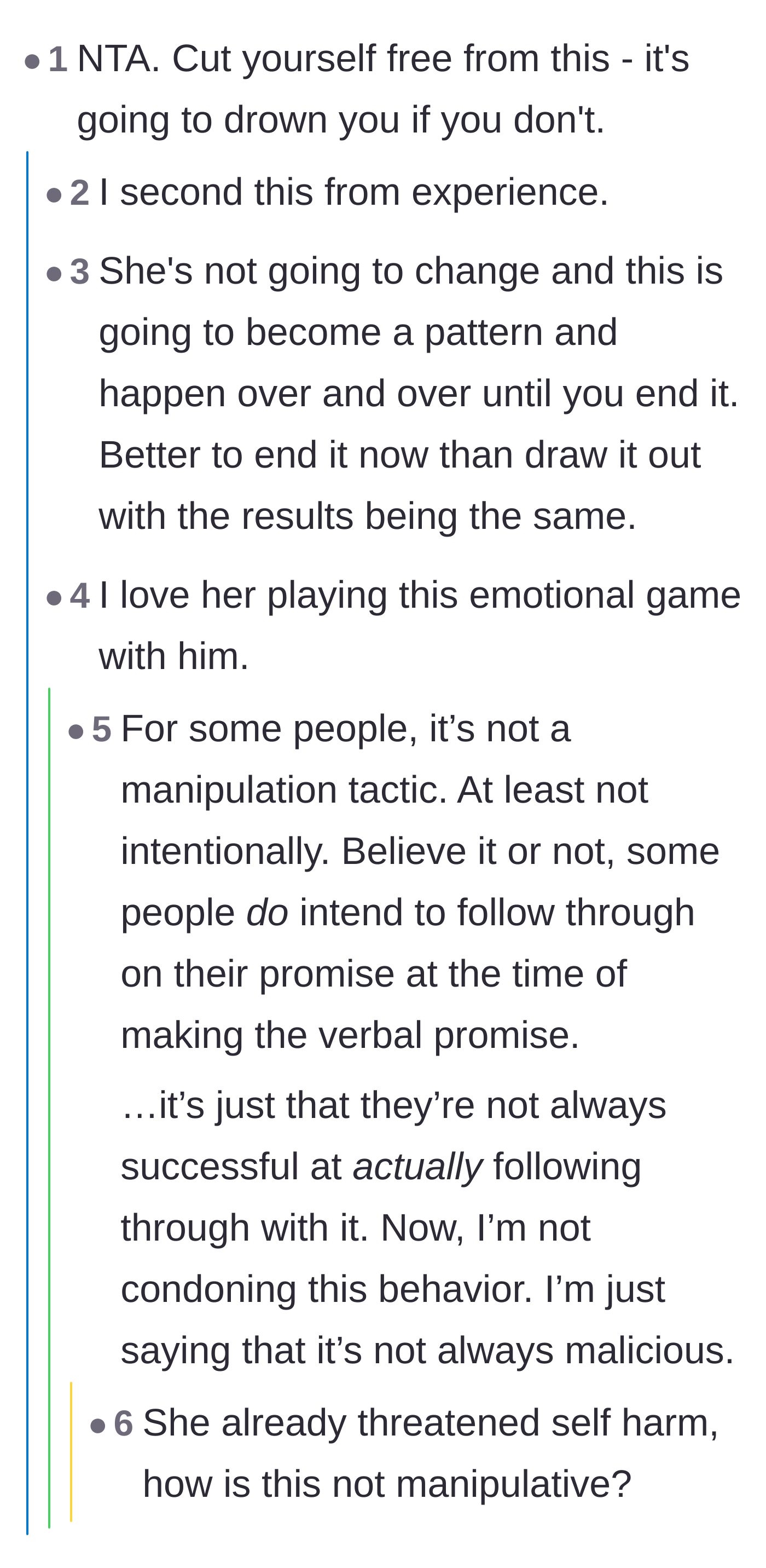 Comment thread 1 - A nuanced debate on whether the girlfriend's manipulative behavior is intentional or a trauma response.