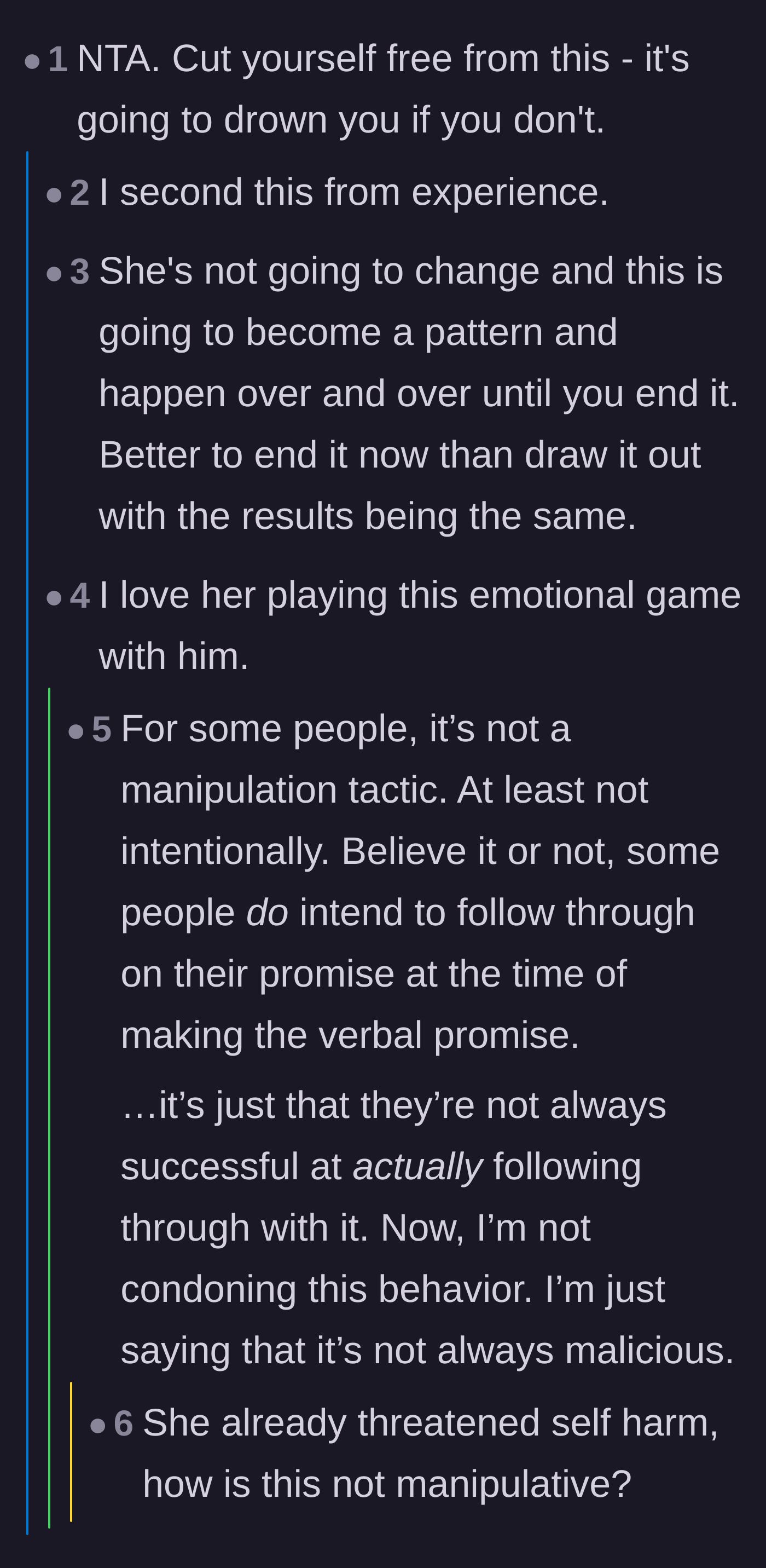 Comment thread 1 - A nuanced debate on whether the girlfriend's manipulative behavior is intentional or a trauma response.