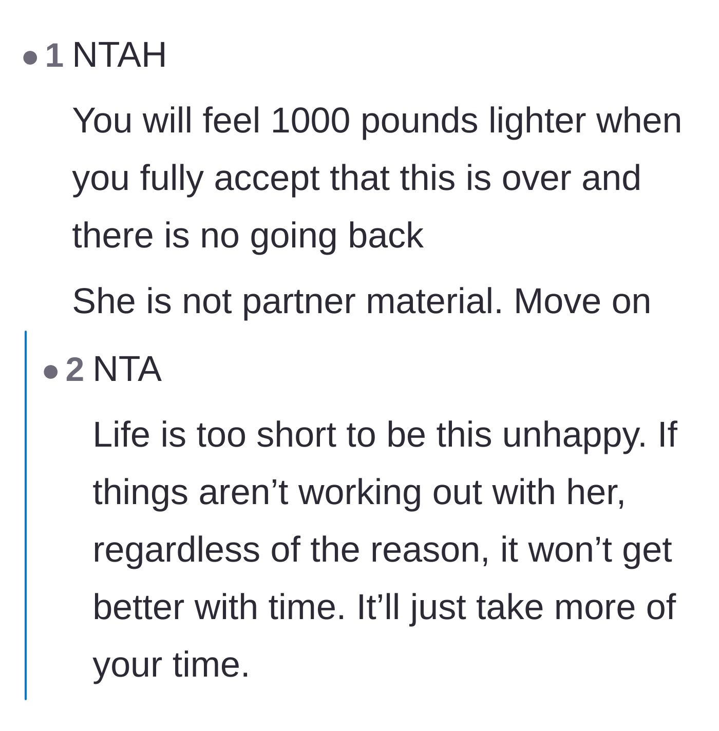Comment thread 2 - Encouragement to fully accept the breakup in order to lift the heavy emotional burden.