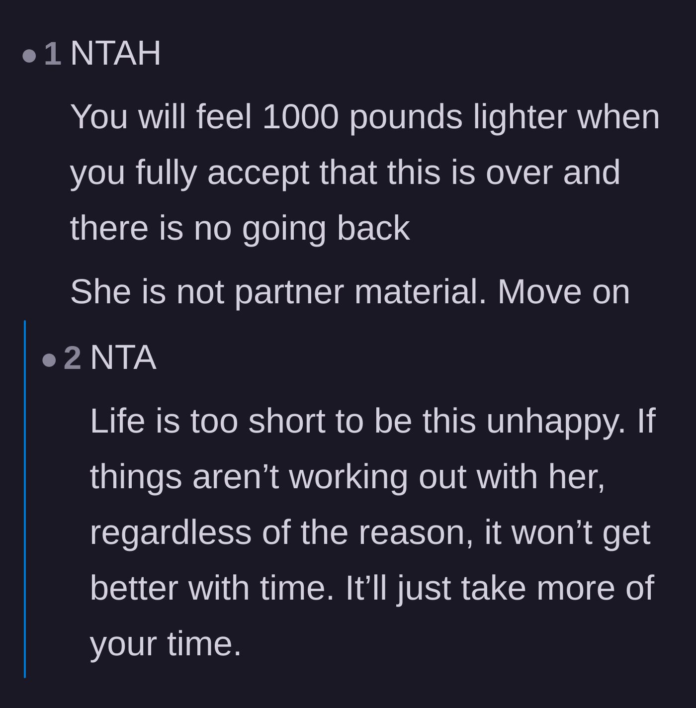 Comment thread 2 - Encouragement to fully accept the breakup in order to lift the heavy emotional burden.