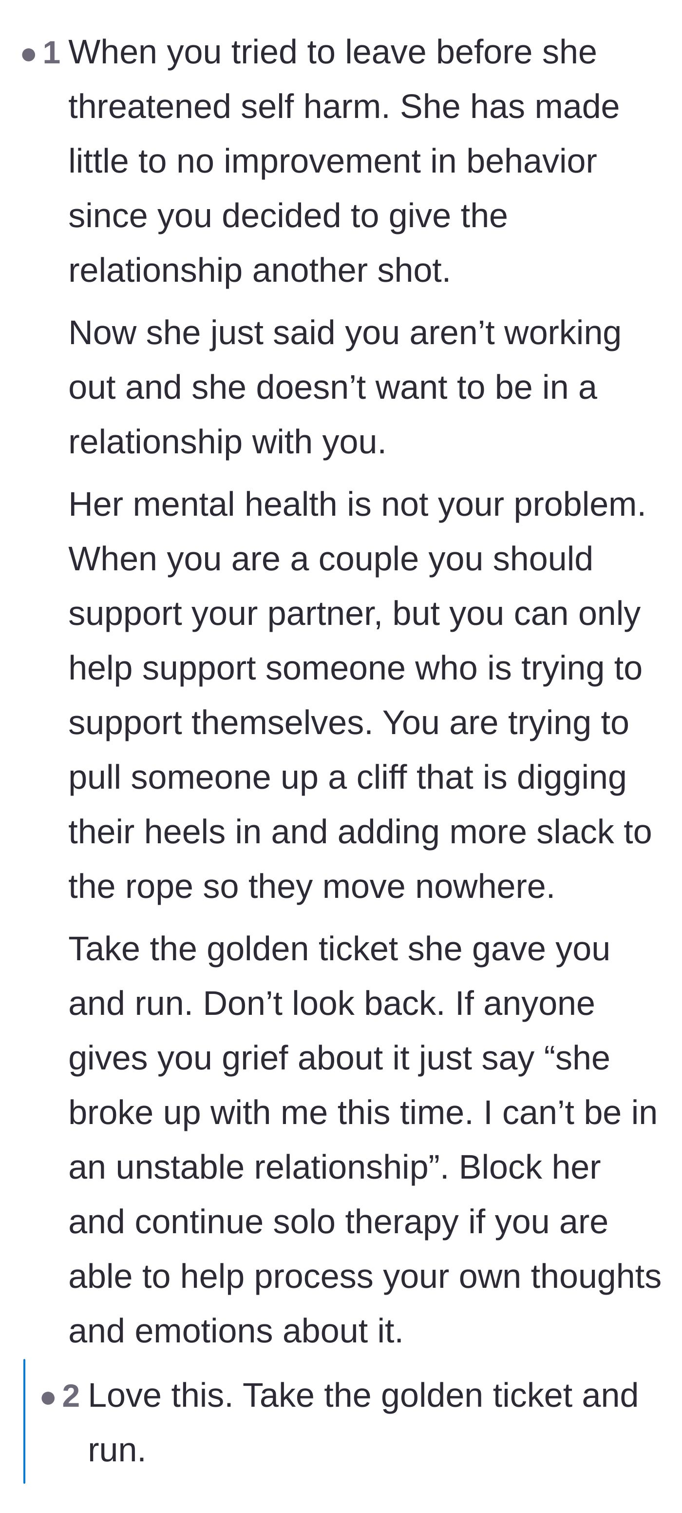 Comment thread 3 - Advice on treating her impulsive breakup as an escape route and setting boundaries around self-harm threats.