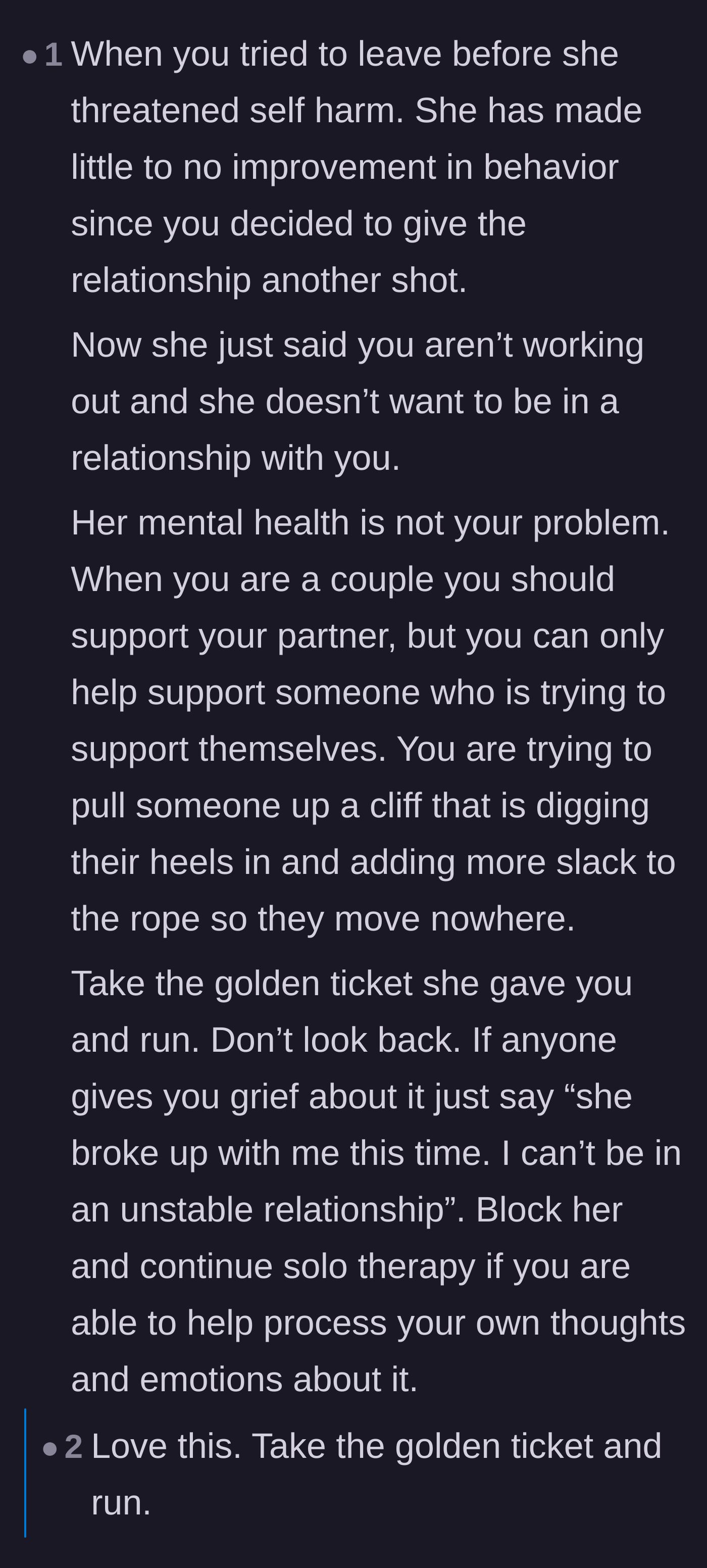 Comment thread 3 - Advice on treating her impulsive breakup as an escape route and setting boundaries around self-harm threats.