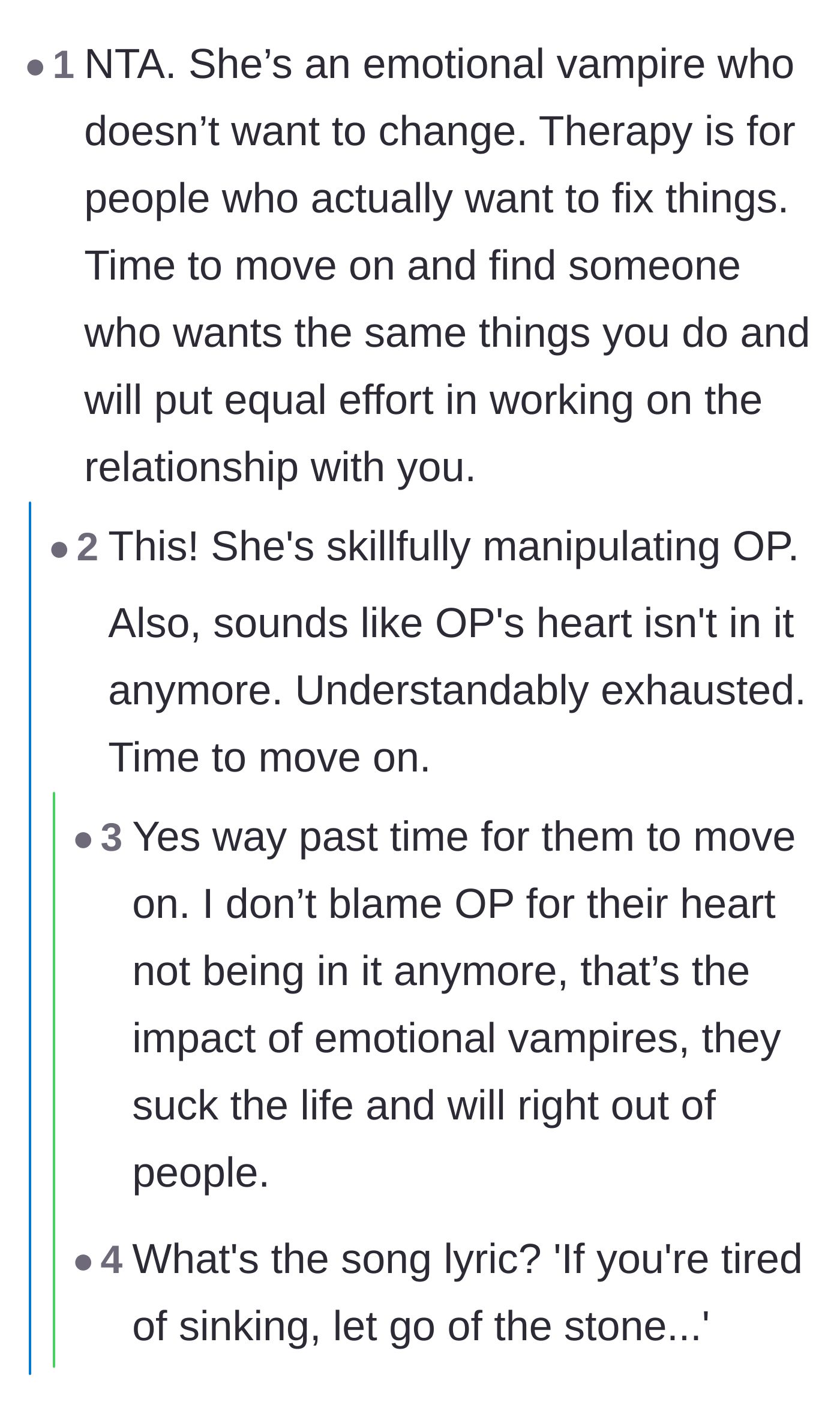 Comment thread 6 - Comparing the relationship dynamic to an emotional drain and quoting a poignant lyric about letting go.