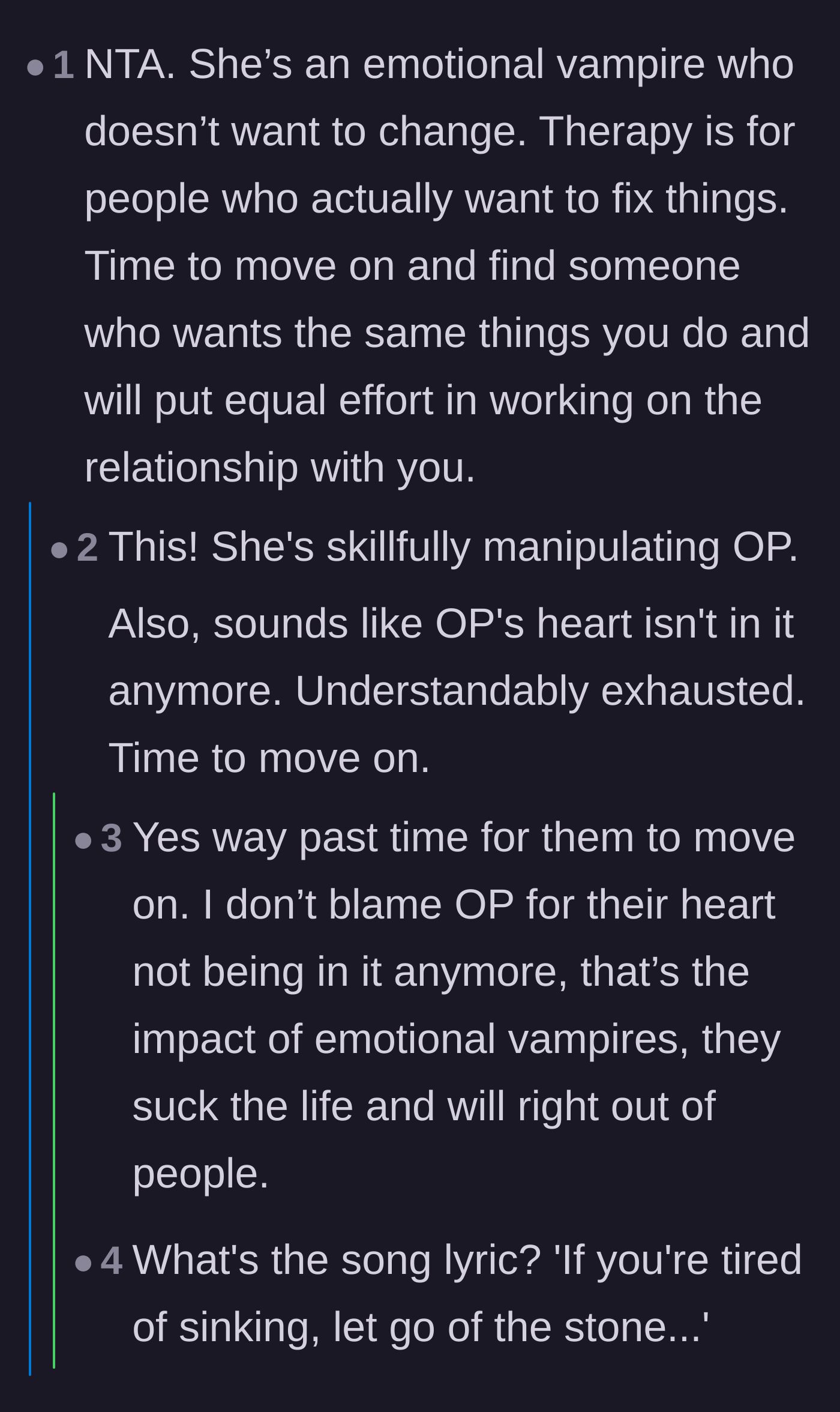 Comment thread 6 - Comparing the relationship dynamic to an emotional drain and quoting a poignant lyric about letting go.