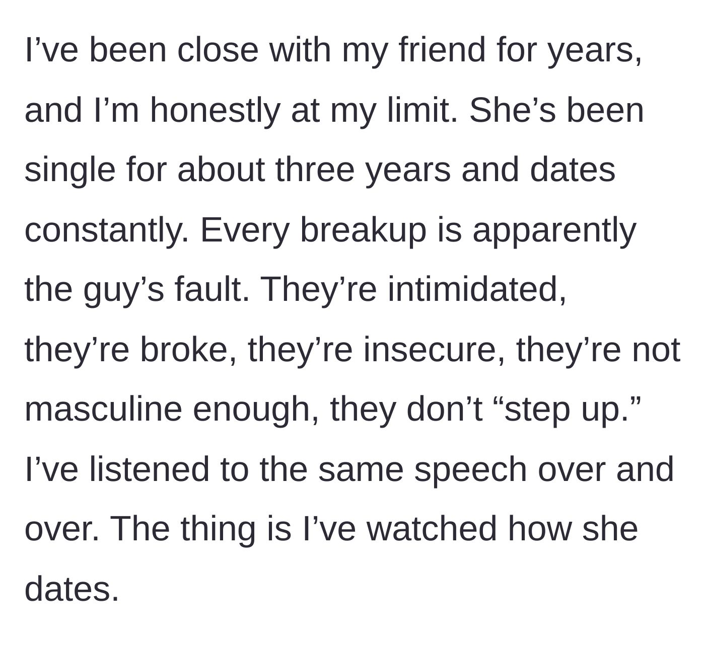 Story part 1 - A frustrated woman listening to her friend complain about her exes at a cafe.