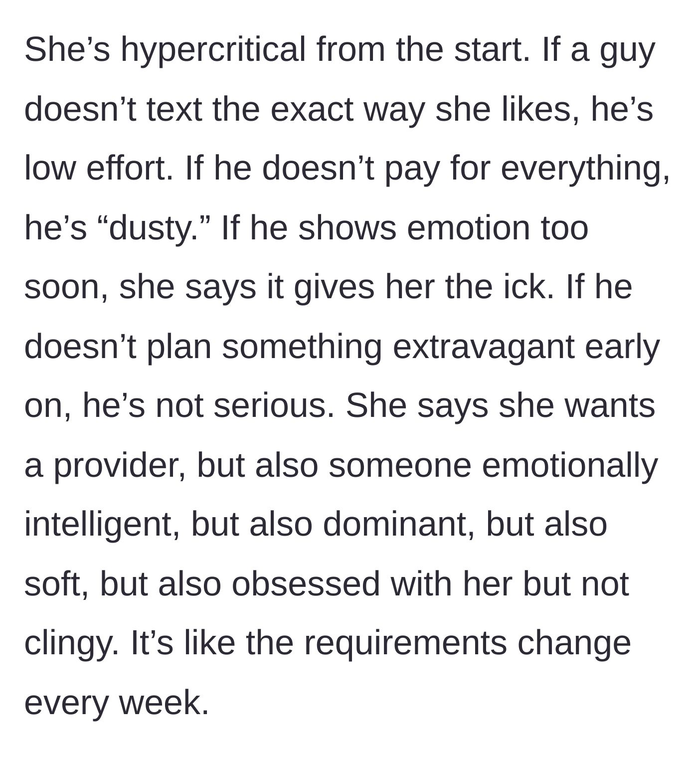 Story part 2 - A checklist of impossible and contradictory dating standards floating in the air.