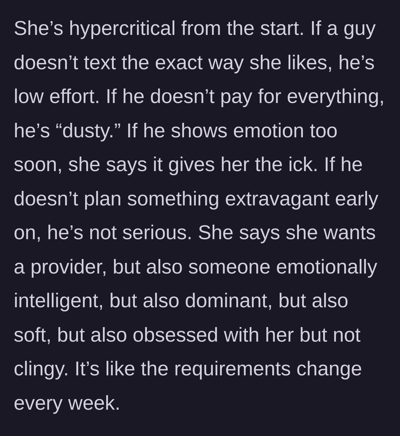 Story part 2 - A checklist of impossible and contradictory dating standards floating in the air.