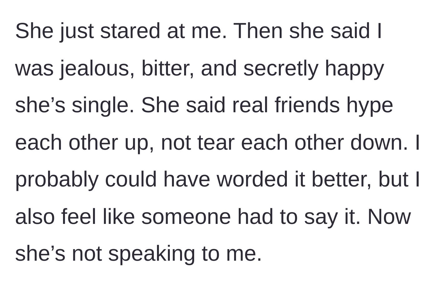 Story part 4 - A woman defensively crossing her arms and turning away from her friend.