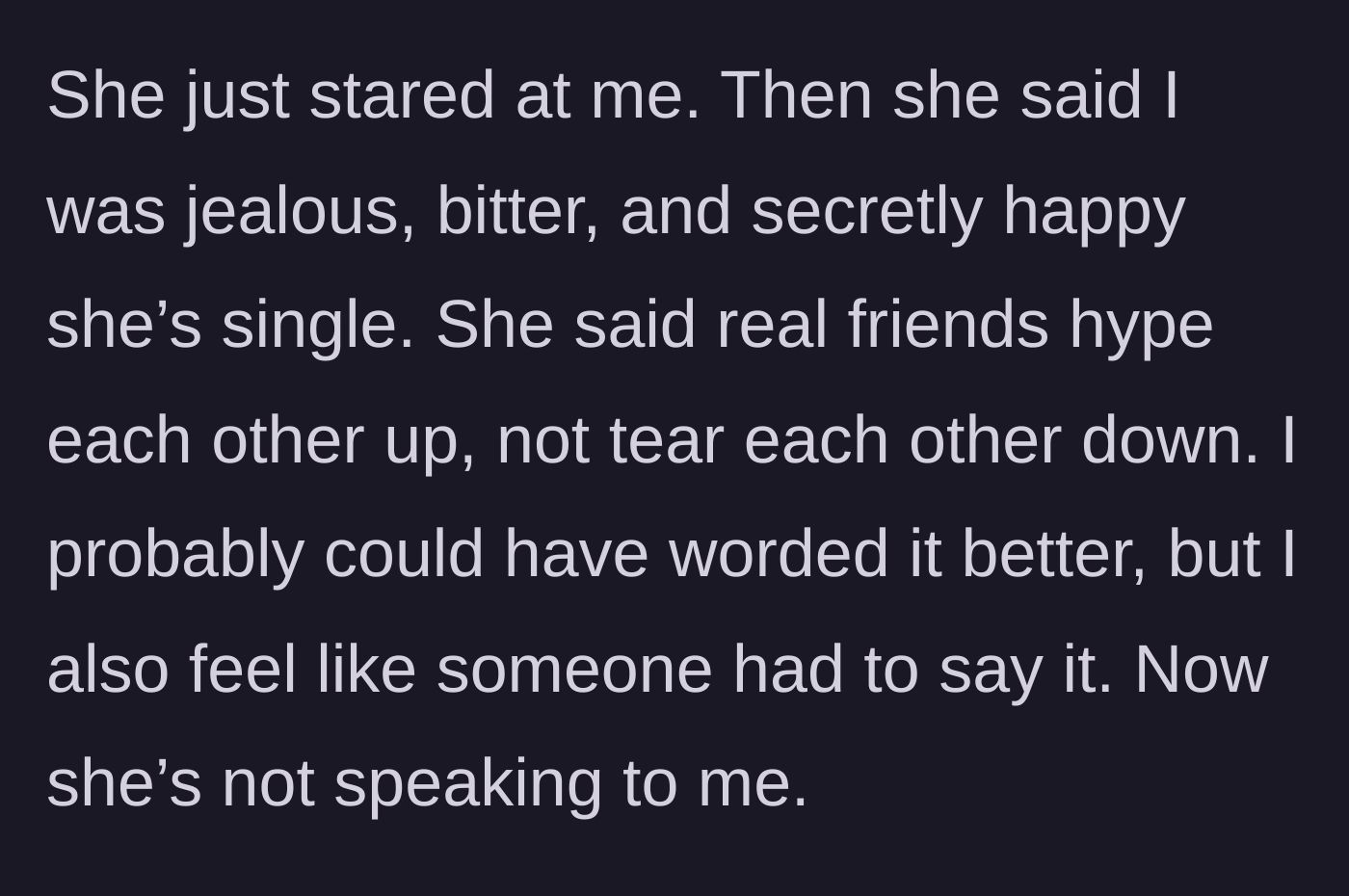 Story part 4 - A woman defensively crossing her arms and turning away from her friend.