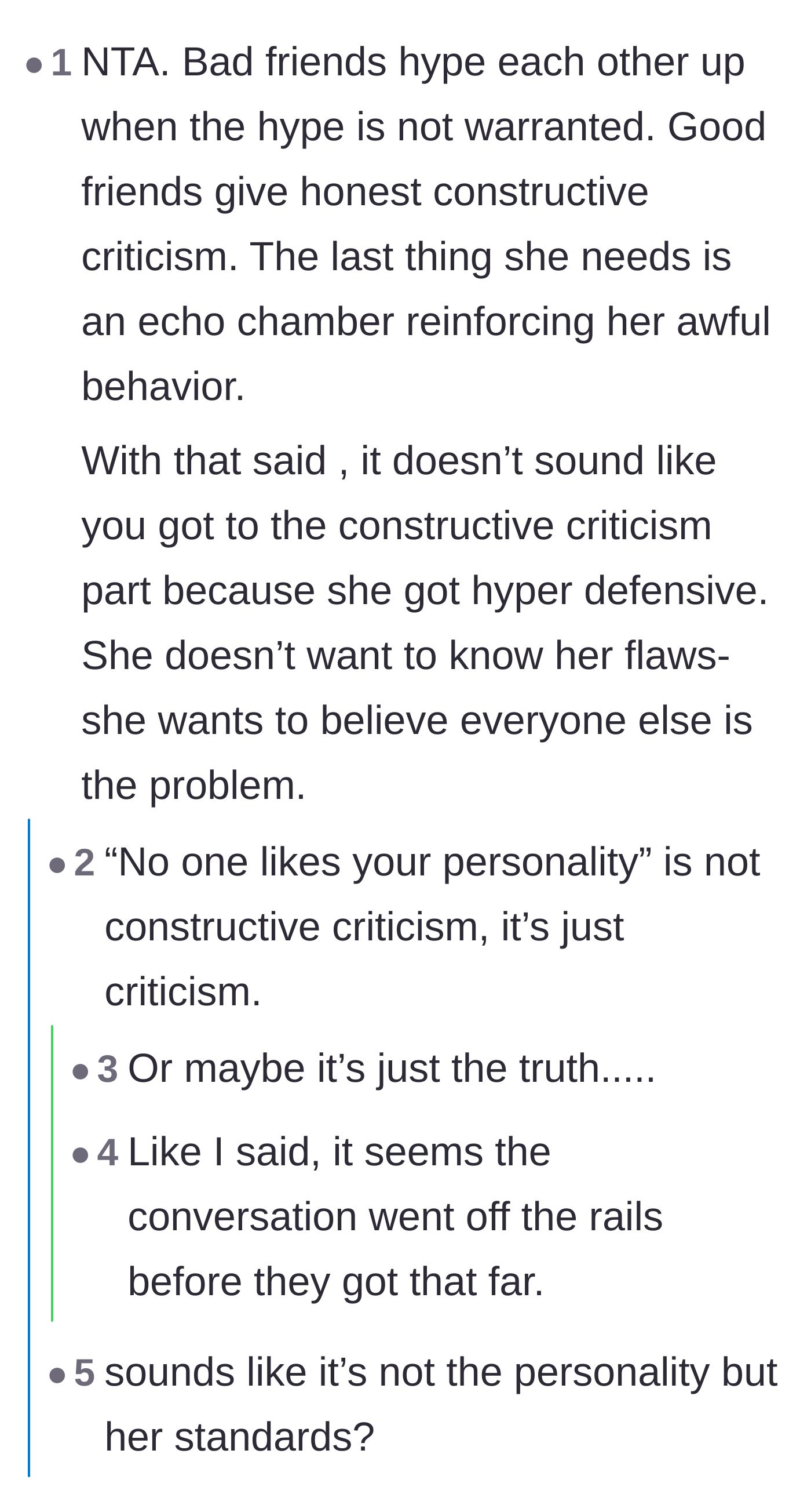Comment thread 4 - Debate dissecting the difference between offering constructive criticism and insulting someone's core personality.