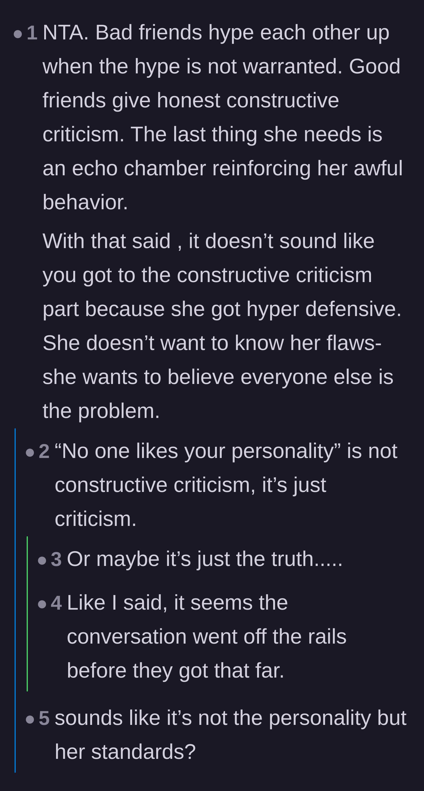 Comment thread 4 - Debate dissecting the difference between offering constructive criticism and insulting someone's core personality.