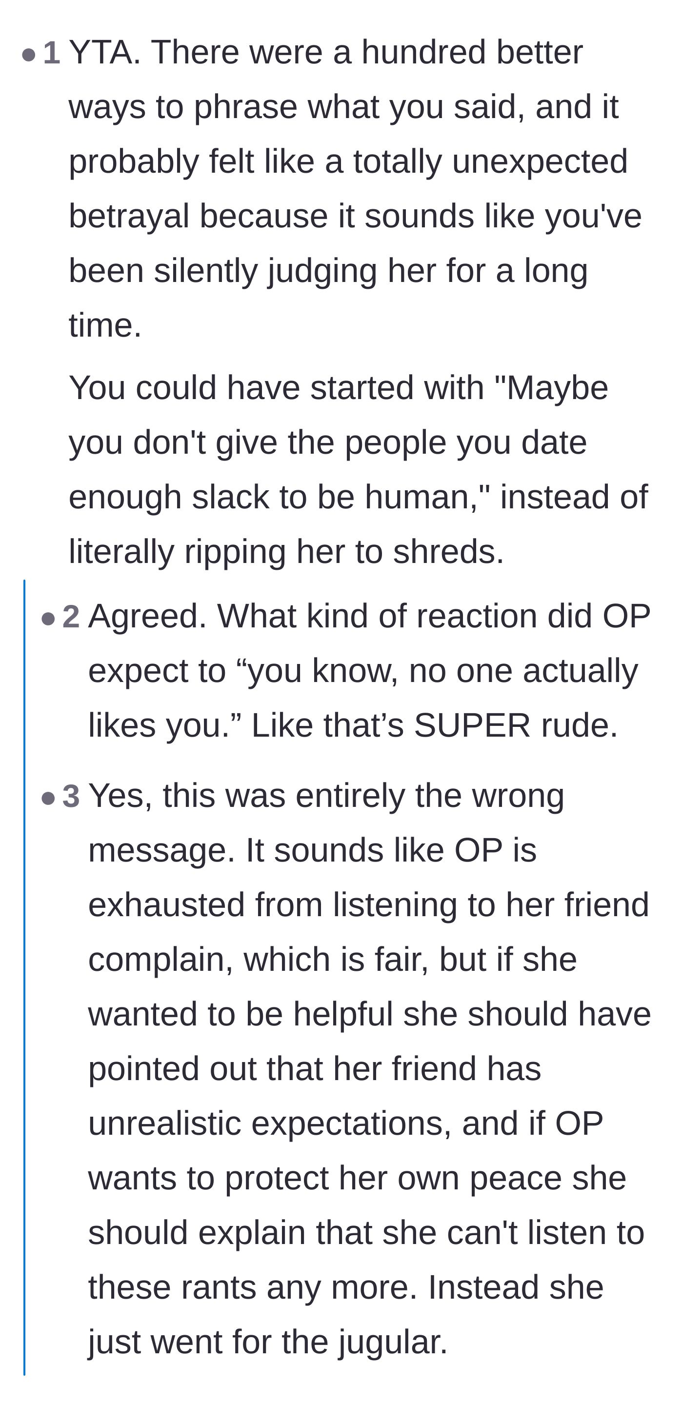 Comment thread 5 - Criticism of the author for silently judging her friend for years before exploding with a deeply hurtful insult.
