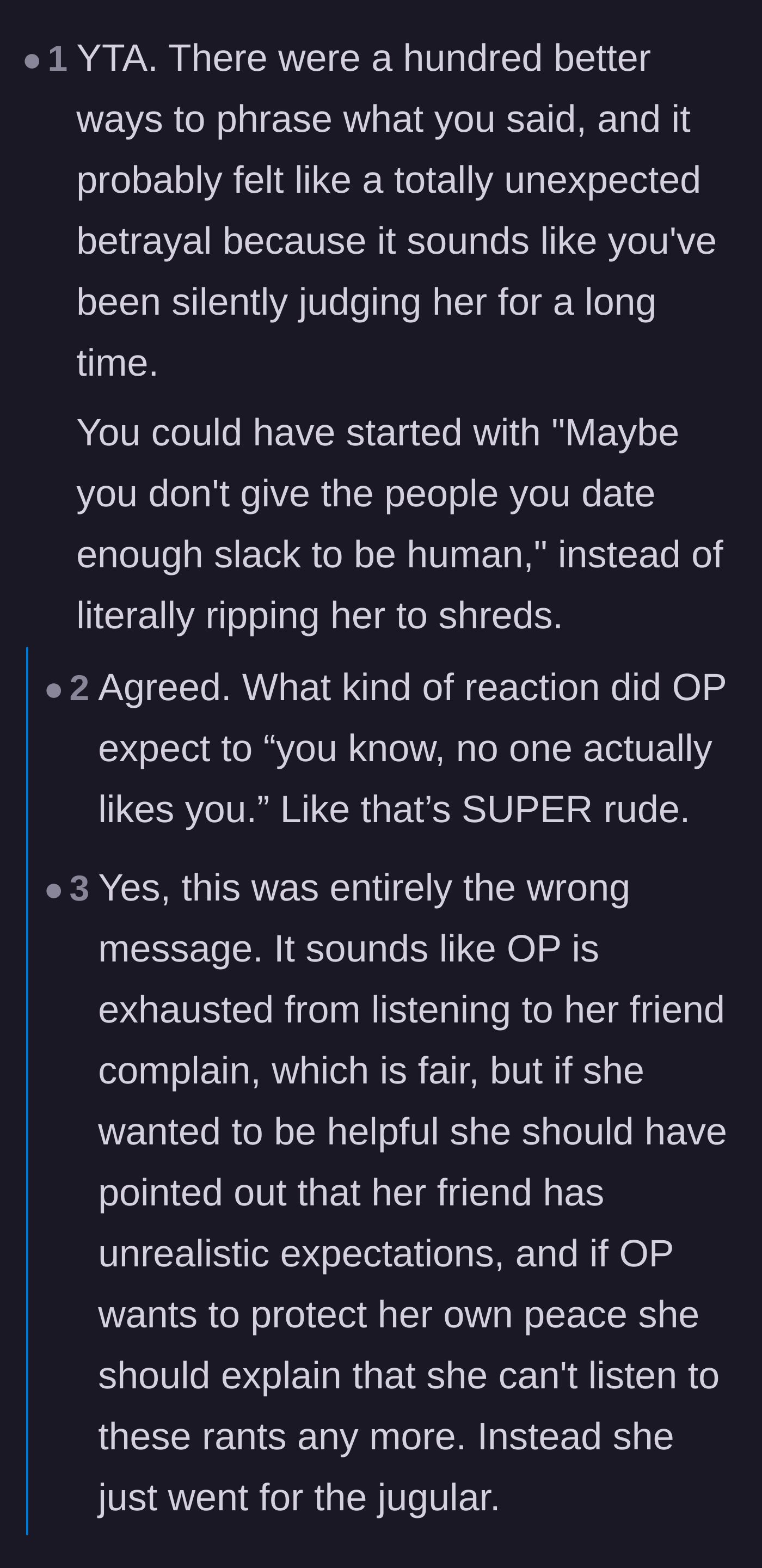 Comment thread 5 - Criticism of the author for silently judging her friend for years before exploding with a deeply hurtful insult.