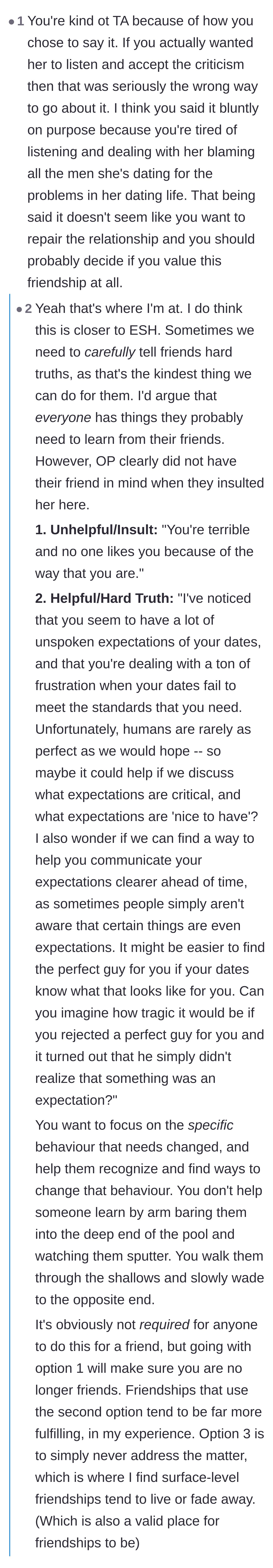 Comment thread 6 - A detailed breakdown contrasting the author's destructive insult with a constructive script for discussing dating expectations.