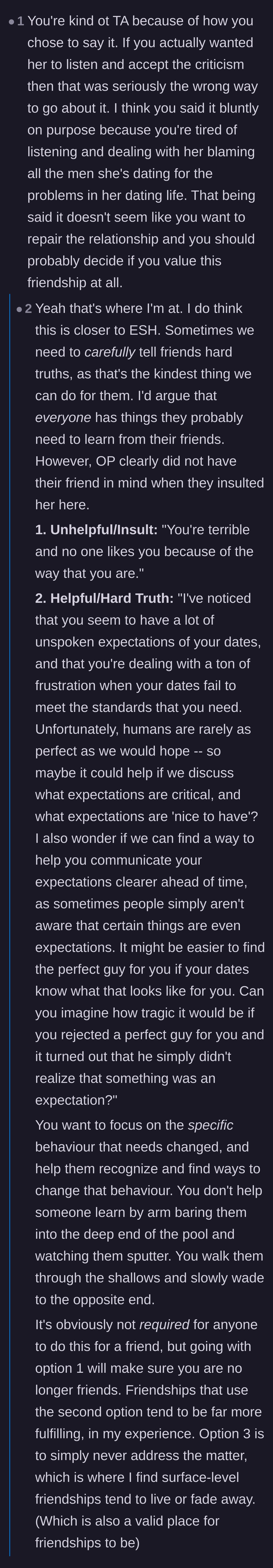 Comment thread 6 - A detailed breakdown contrasting the author's destructive insult with a constructive script for discussing dating expectations.