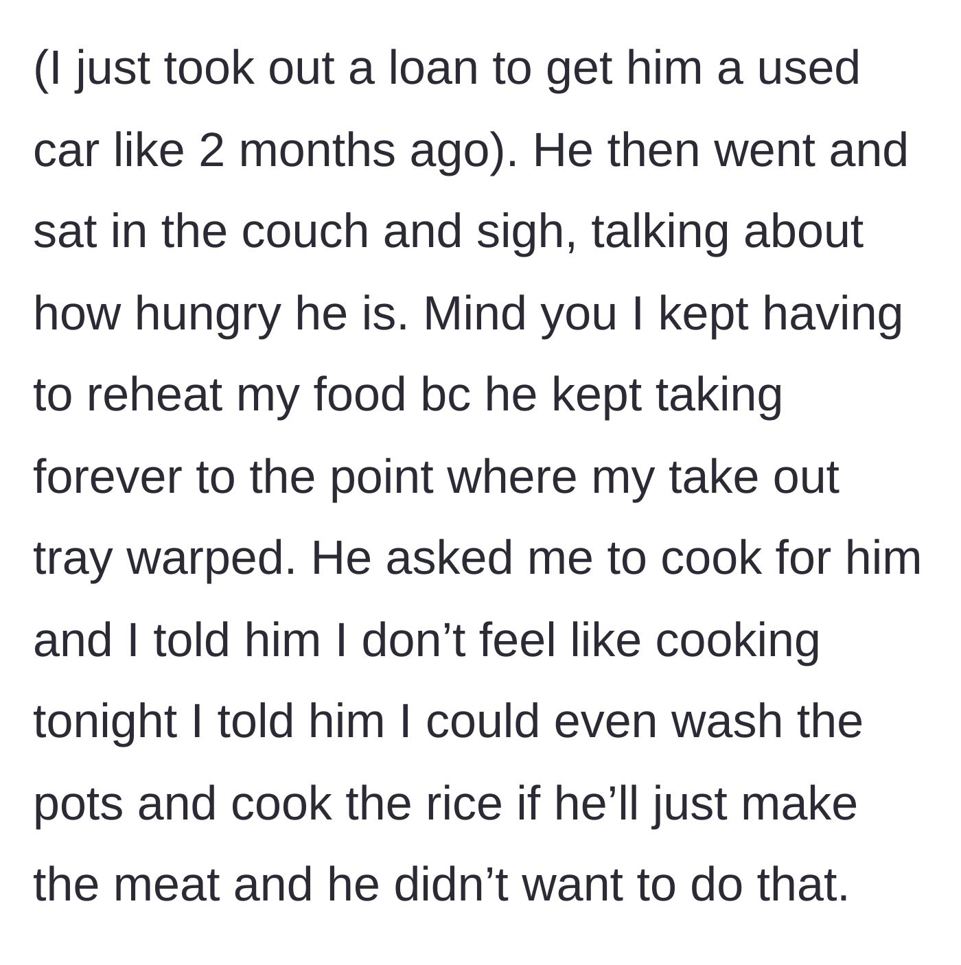 Story part 6 - Boyfriend pouting on the couch while the girlfriend's takeout gets ruined in the microwave.