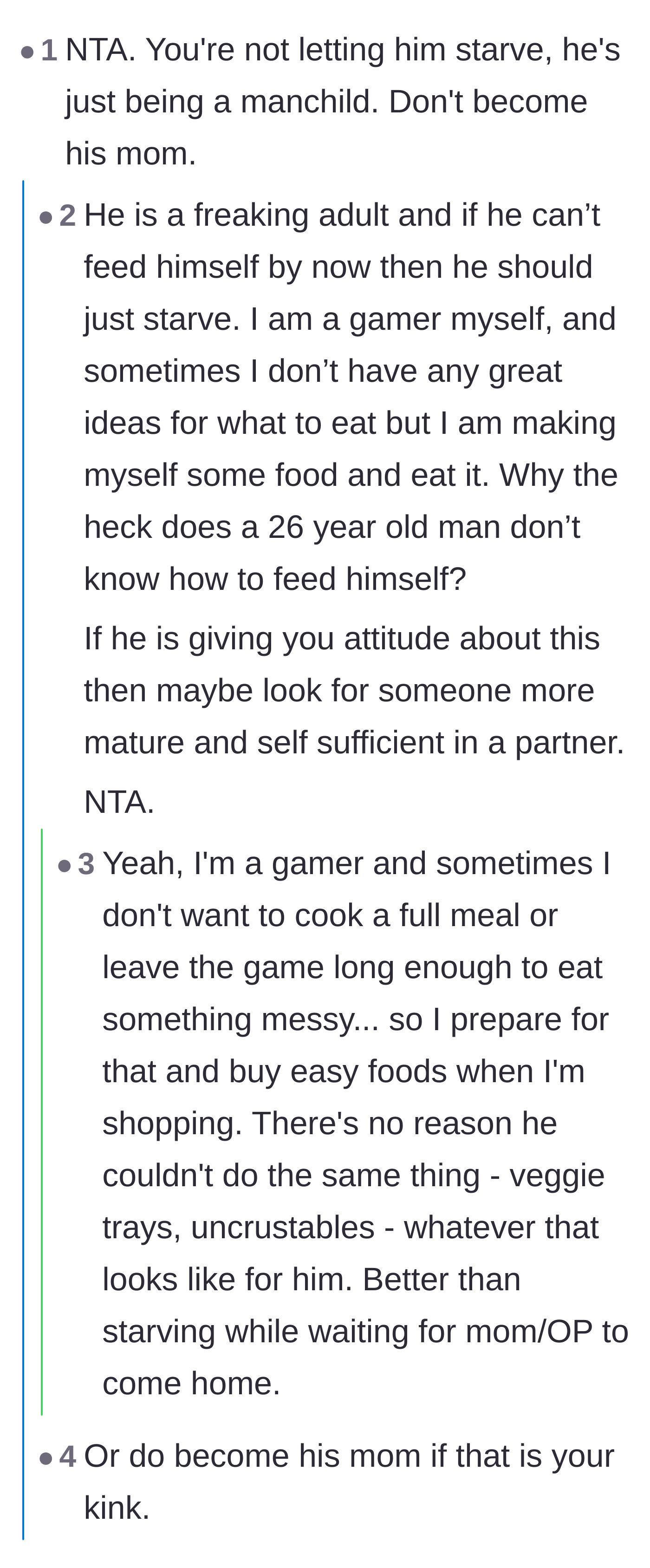 Comment thread 5 - Fellow gamers shutting down the excuse that gaming makes you forget to eat, calling out his behavior as deliberate manipulation.