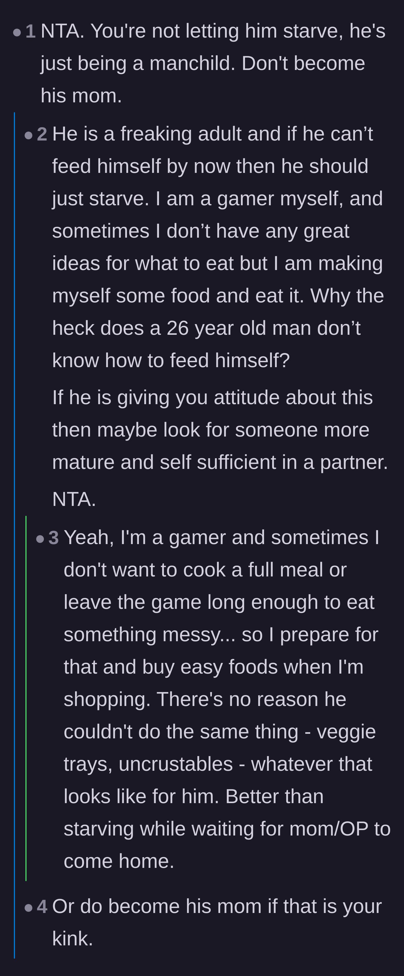 Comment thread 5 - Fellow gamers shutting down the excuse that gaming makes you forget to eat, calling out his behavior as deliberate manipulation.